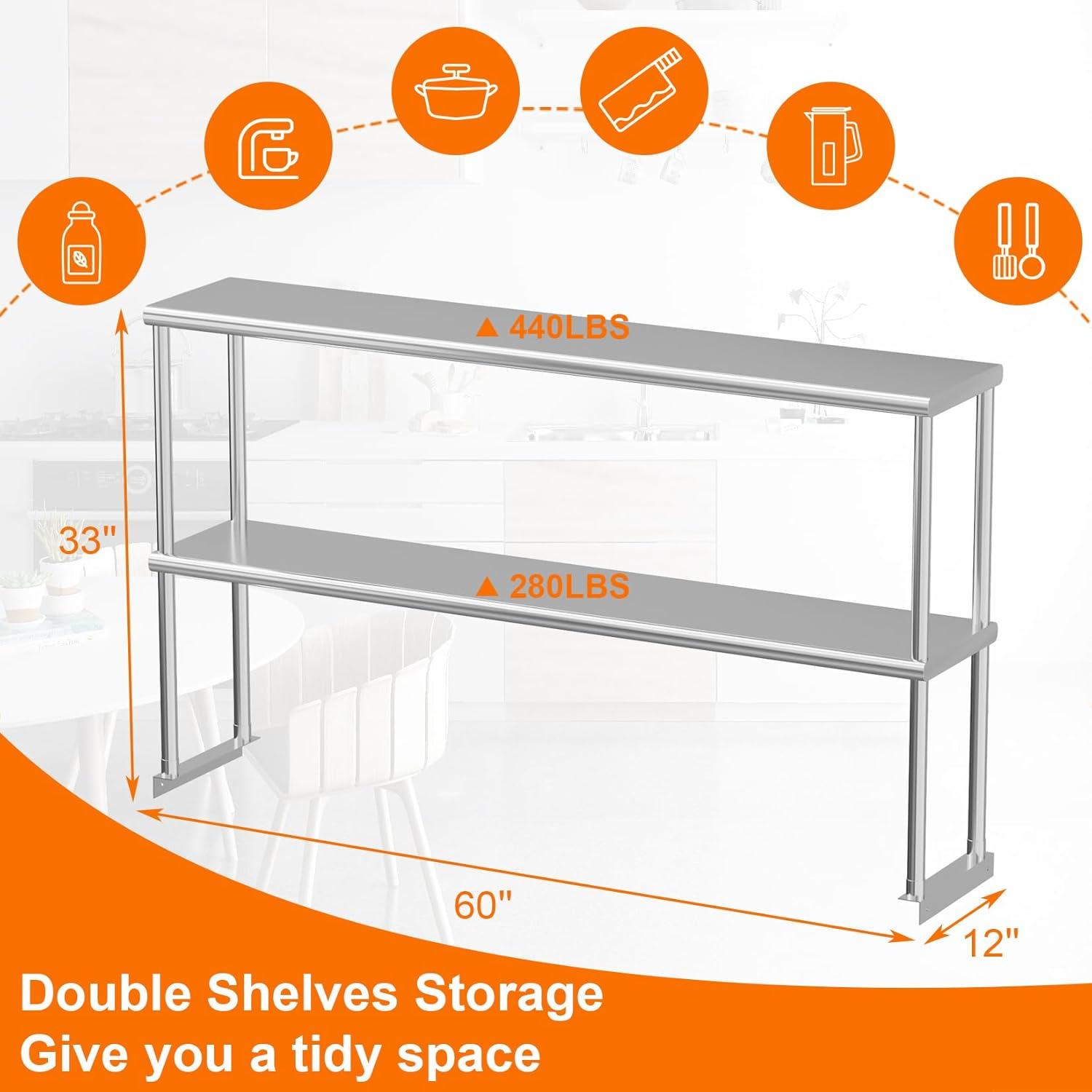 Stainless Steel Adjustable Double Deck Overshelf for Prep Table, 12'' x 60''