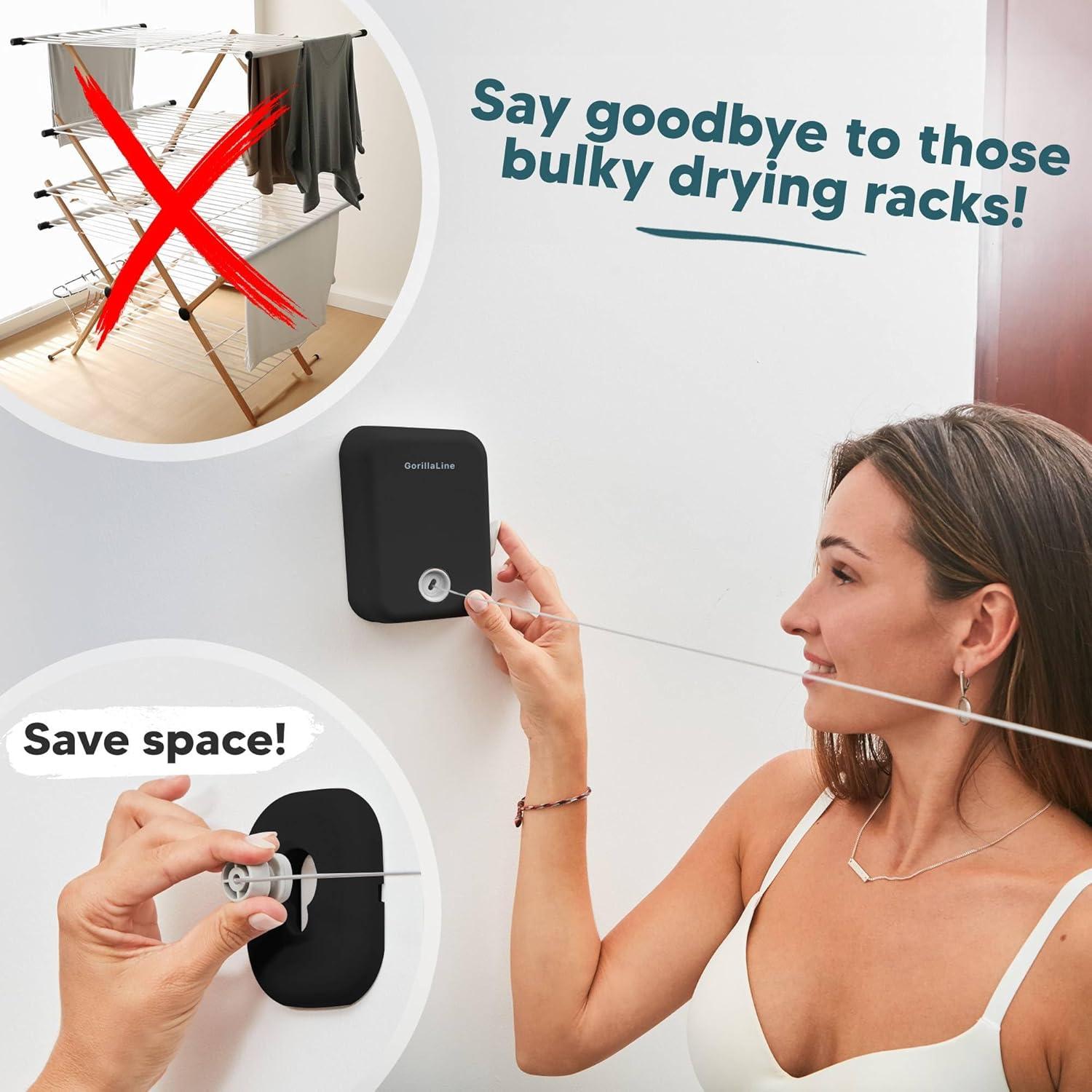 GorillaLine - Retractable Clothesline Indoor Outdoor Clothes Line - Heavy Duty Clothes Drying Laundry Line - Wall Mounted Drying Rack - Air Dry Clothing