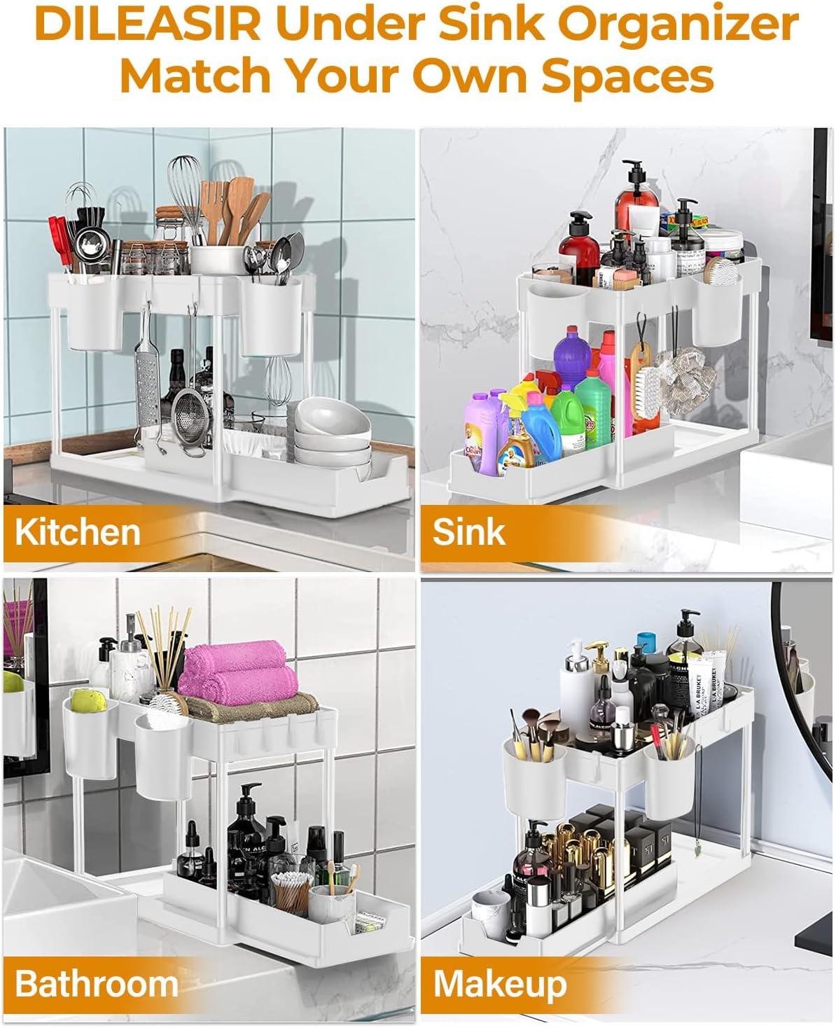 DILEASIR 2 Pack Kitchen Under Sink Organizer, with Hooks, Hanging Cup, for Bathroom, Laundry room, White