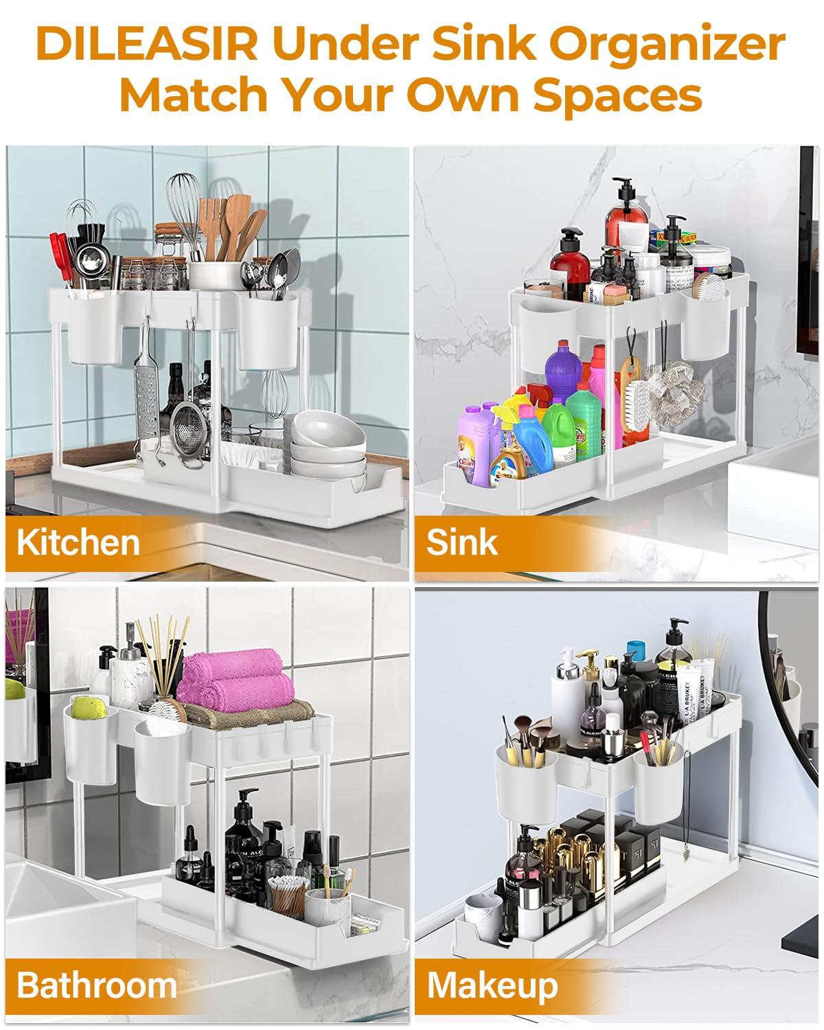 DILEASIR 2 Pack Kitchen Under Sink Organizer, with Hooks, Hanging Cup, for Bathroom, Laundry room, White