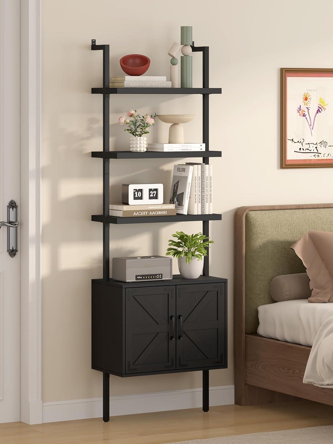 Black Industrial Ladder Bookshelf with Cabinet and Metal Frame