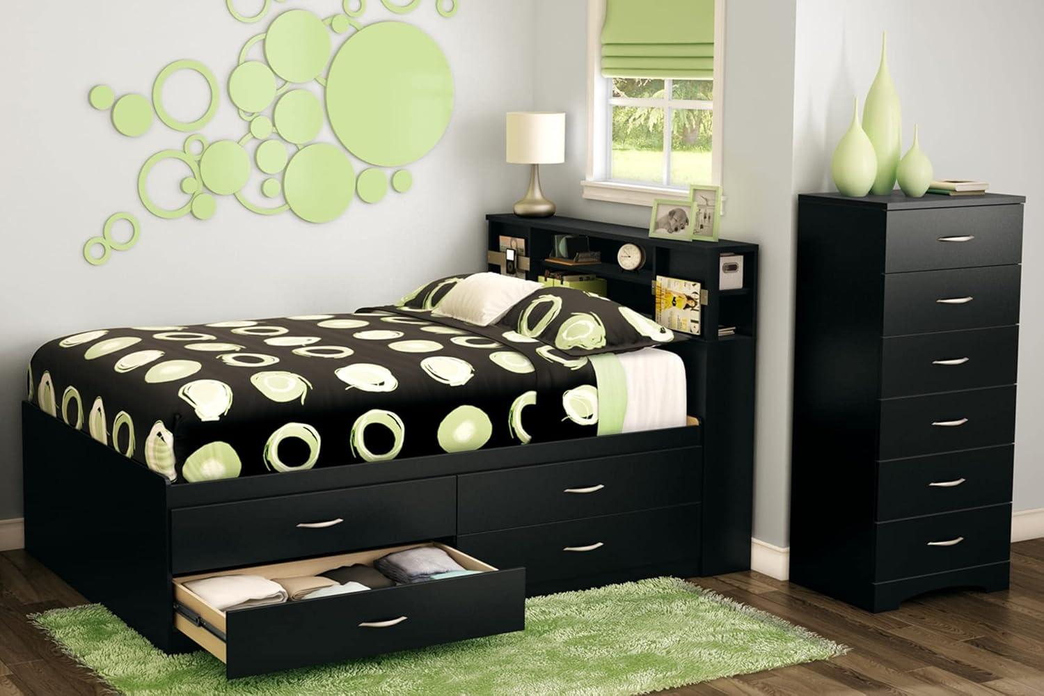 Full Black Wood Bookcase Headboard with Storage