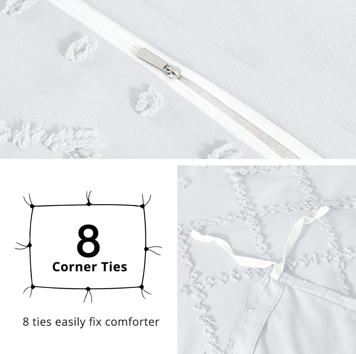 King Size White Tufted Boho Embroidery Duvet Cover Set