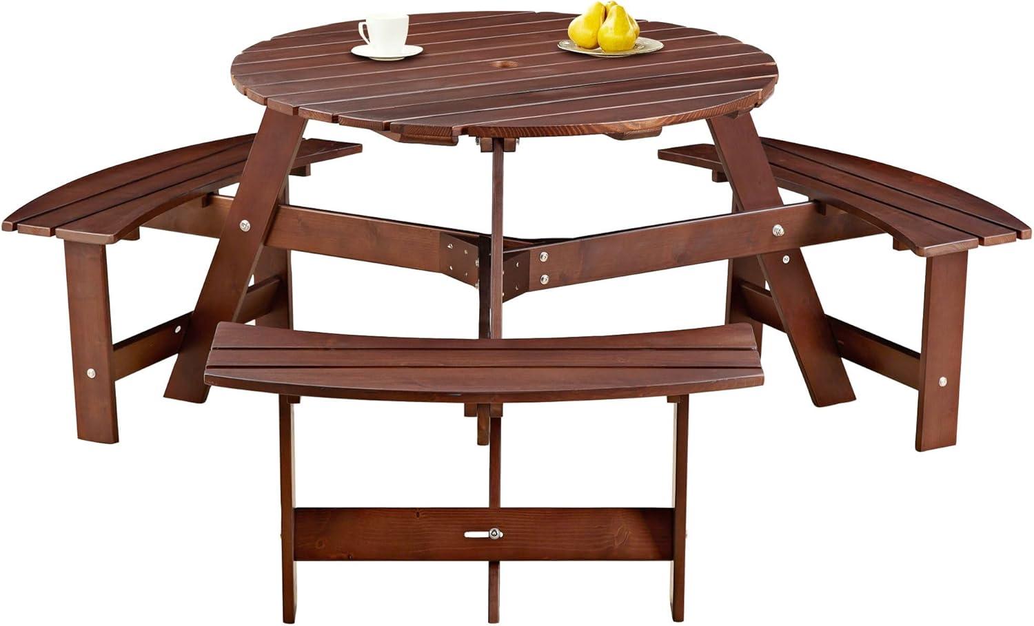 6 Person Wood Picnic Table, Outdoor Round Picnic Table with 3 Built-in Benches, Umbrella Hole, Outside Table and Bench Set for Patio, Backyard, 500lbs Capacity Per Bench (Brown)