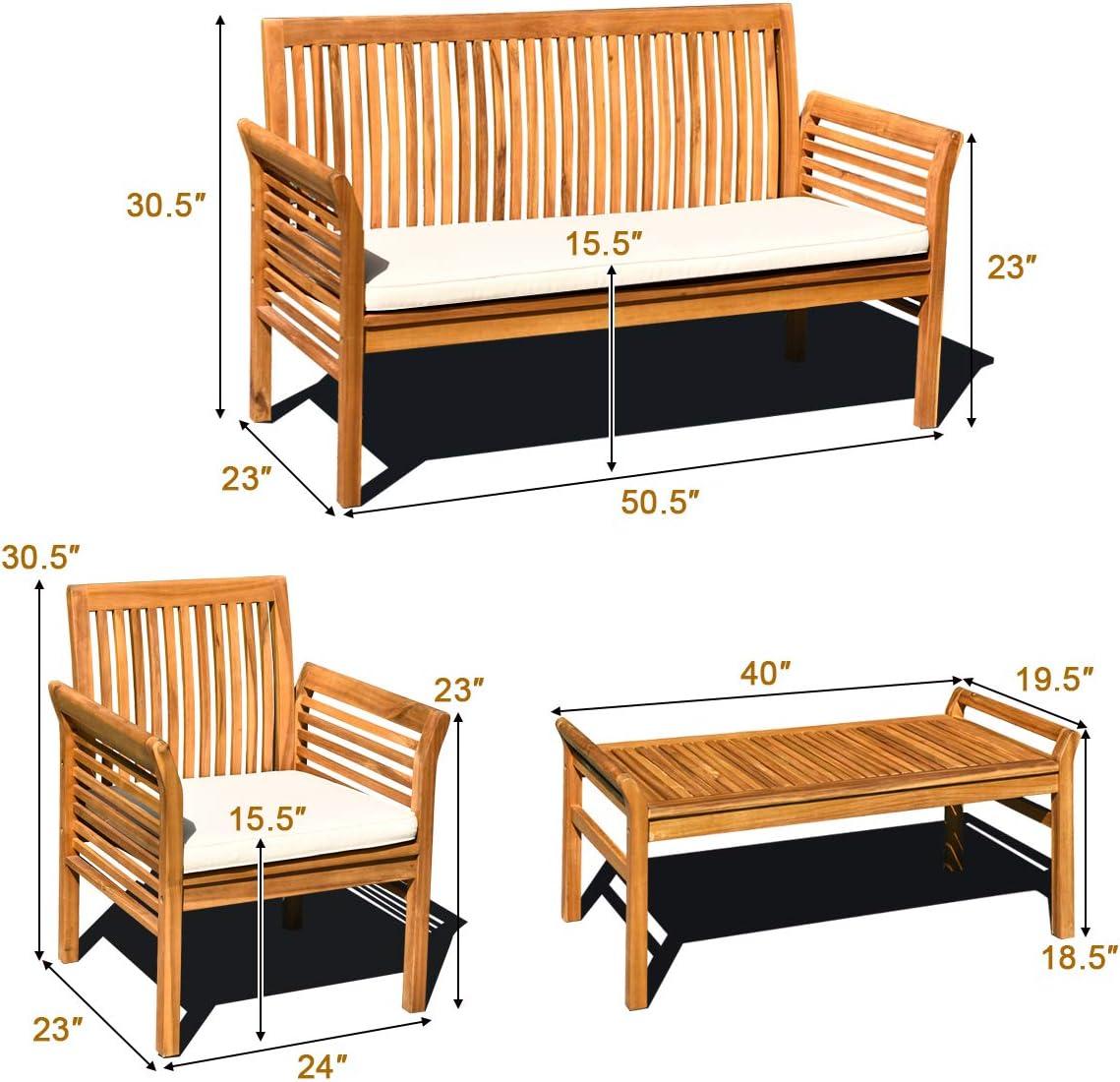 4 PCS Outdoor Wood Sofa Set Padded Patio Conversation Table Chair Set