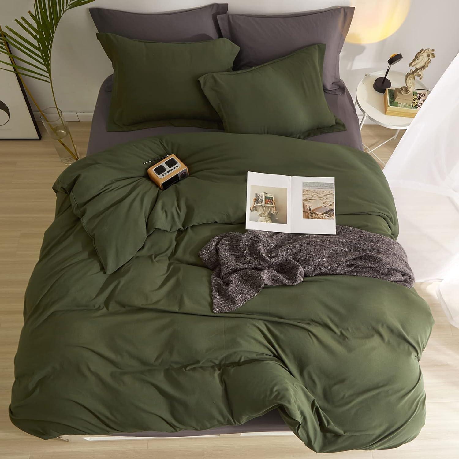 3 Piece 100% Washed Cotton Army Green Duvet Cover Set Luxury Soft and Breatheable Bedding Set with Zipper Closure,Queen Size