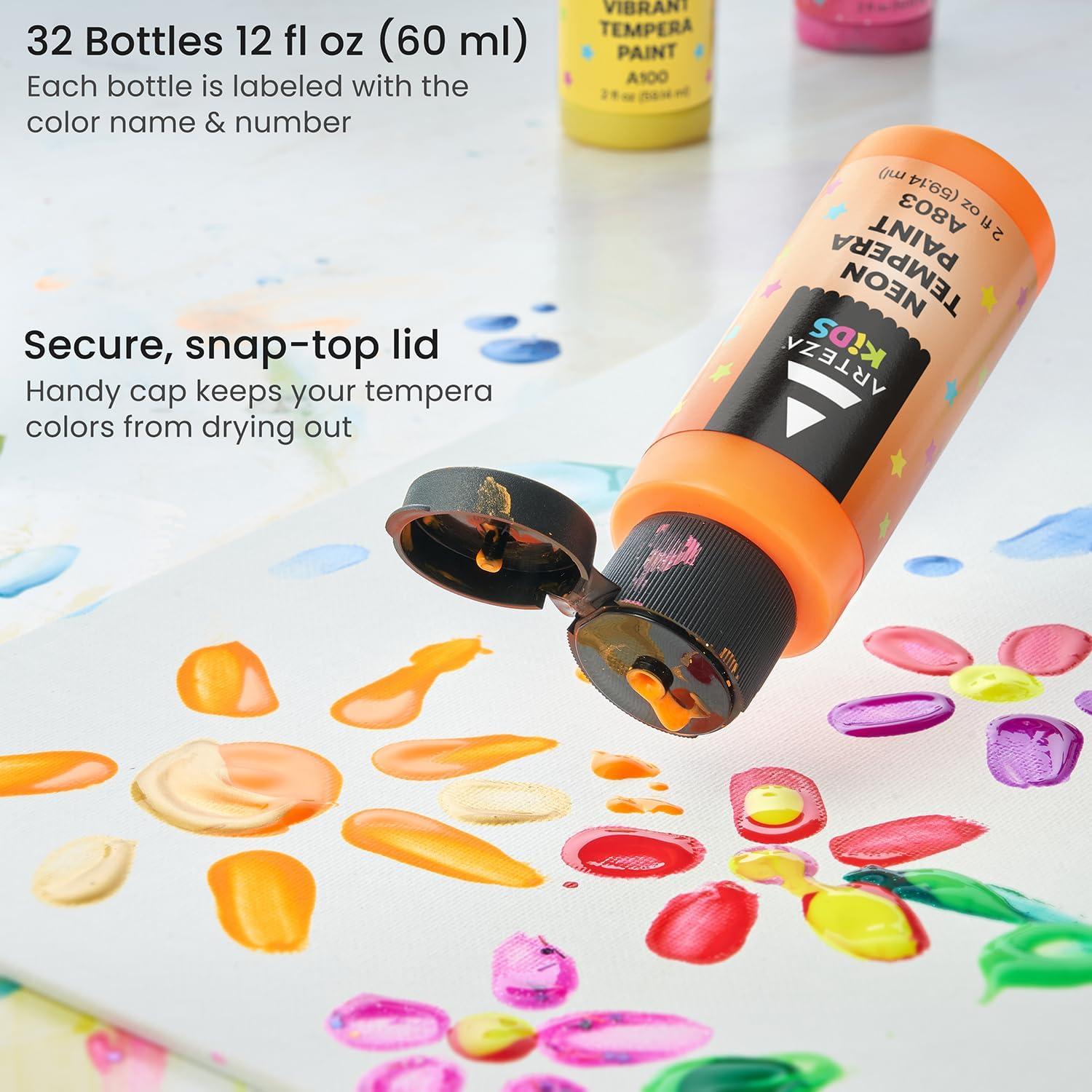 Arteza Kids Crafts Tempera Paint, Assorted Colors, 60ml Bottles, Washable - 32 Pack