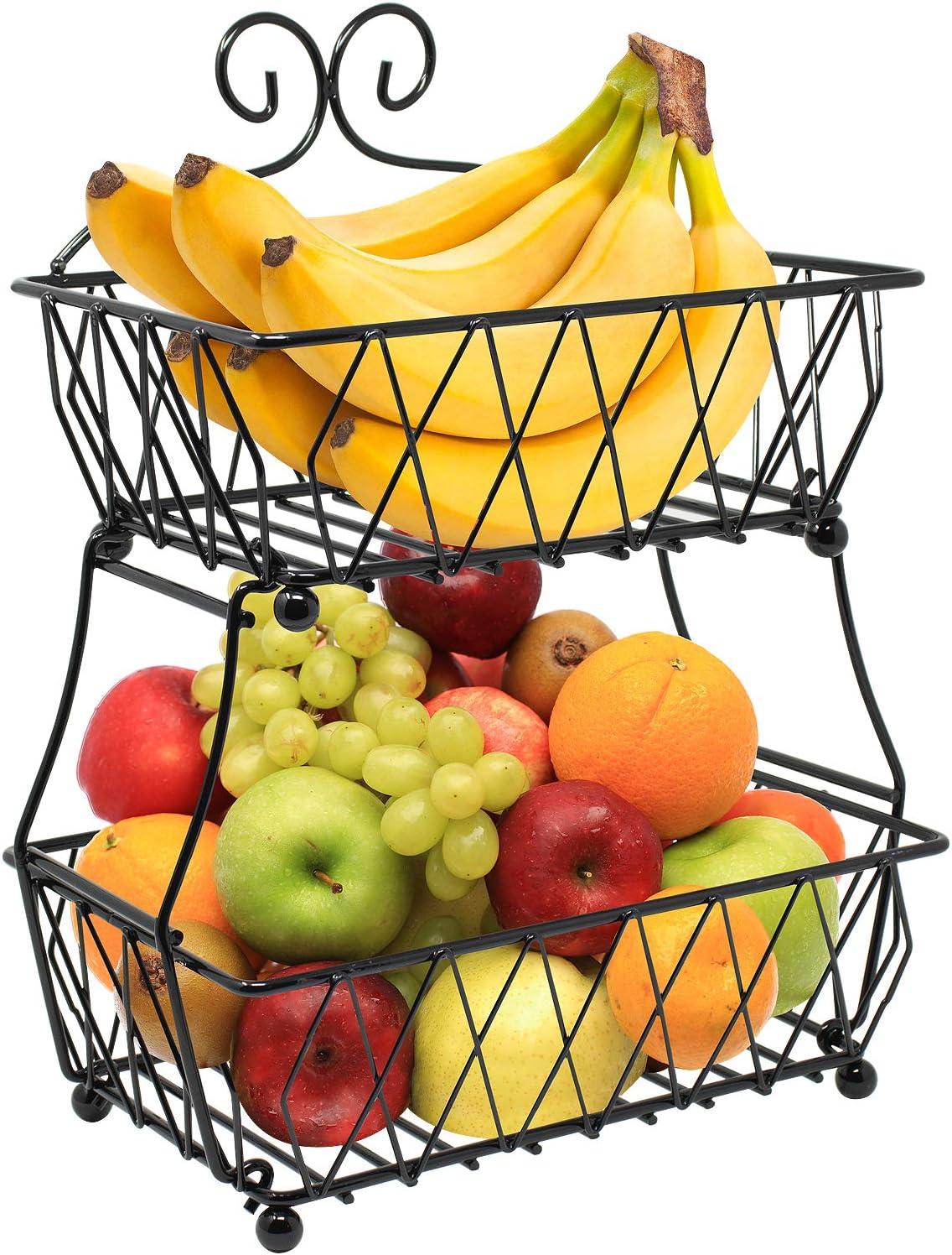 Black Metal 2-Tier Rectangular Fruit Basket Stand