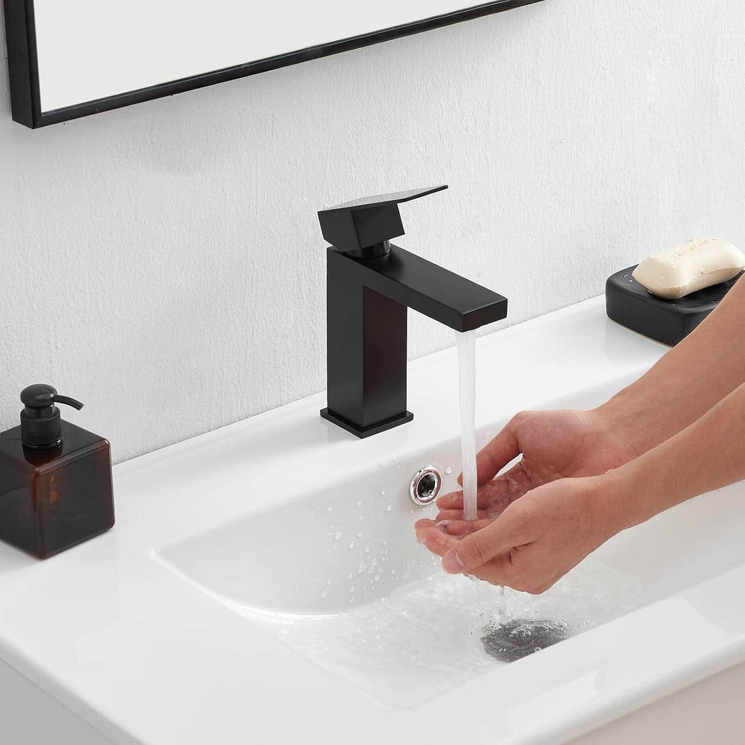 Matte Black Single Handle Bathroom Sink Faucet, Stainless Steel Bathroom Faucet with cUPC Certified Water Supply Hoses, Commercial Vanity Faucet Modern Single Hole RV Bathroom Faucets