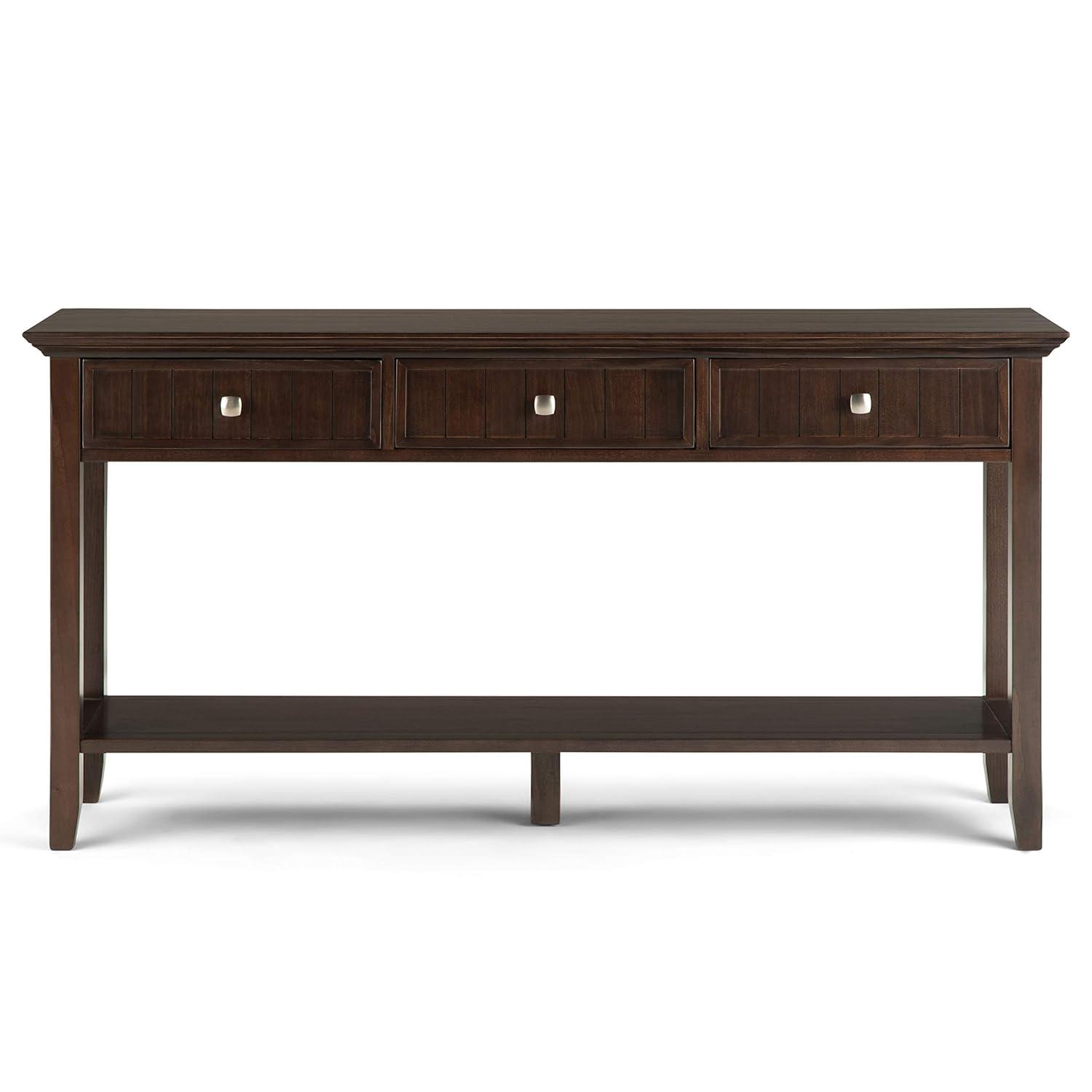 Simpli Home Acadian 60"W Solid Wood Wide Storage Console Table in Brunette Brown with Three Drawers and Open Shelf
