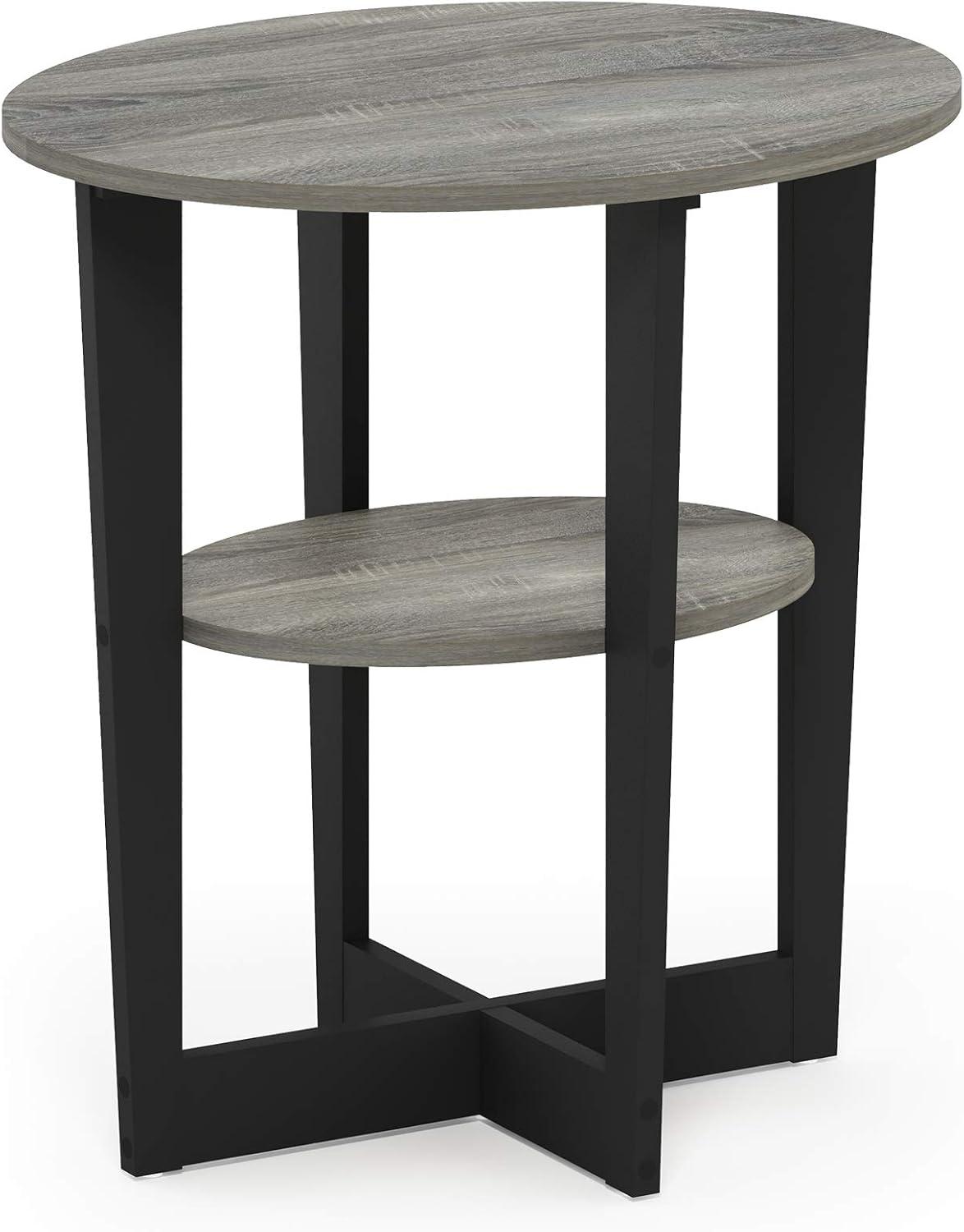 French Oak and Black Round End Table with Shelf