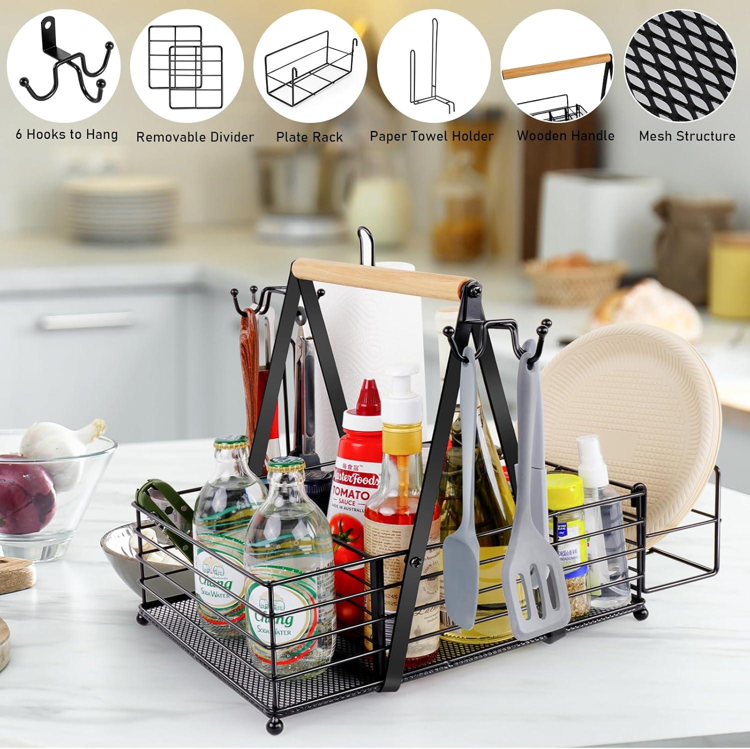 Grill Caddy Metal BBQ Caddy with Paper Towel Holder Utensil Picnic Condiment Large BBQ Grill Tool Holder Organizer Storage Adjustable Compartment Storage