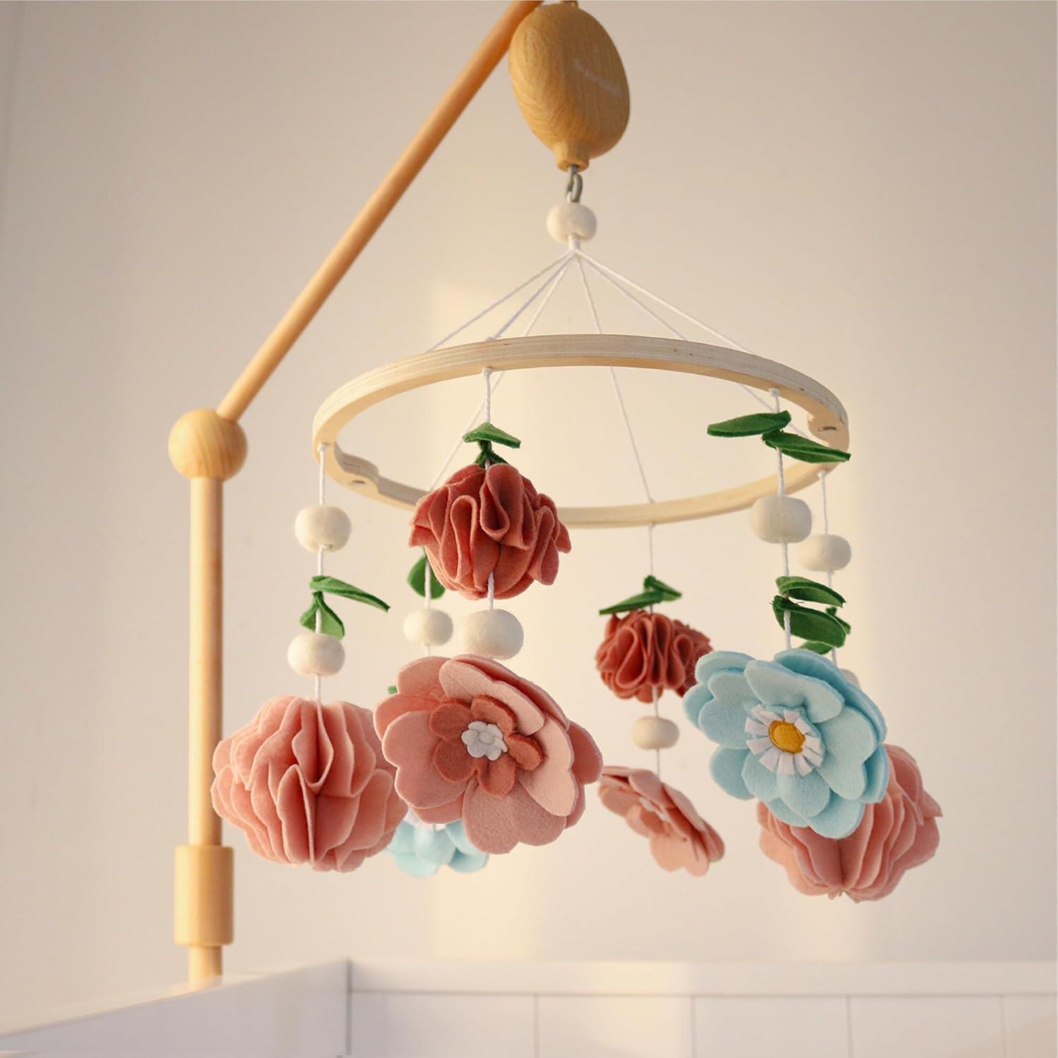 The Peanutshell Deluxe Wooden Crib Mobile Set with Arm, Music Box and Wildflower Baby Mobile, Pink
