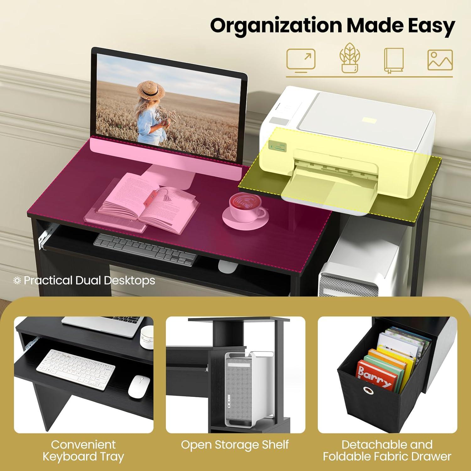 Costway Home Office Computer Desk Space-saving Study Writing Desk with Keyboard Tray Black