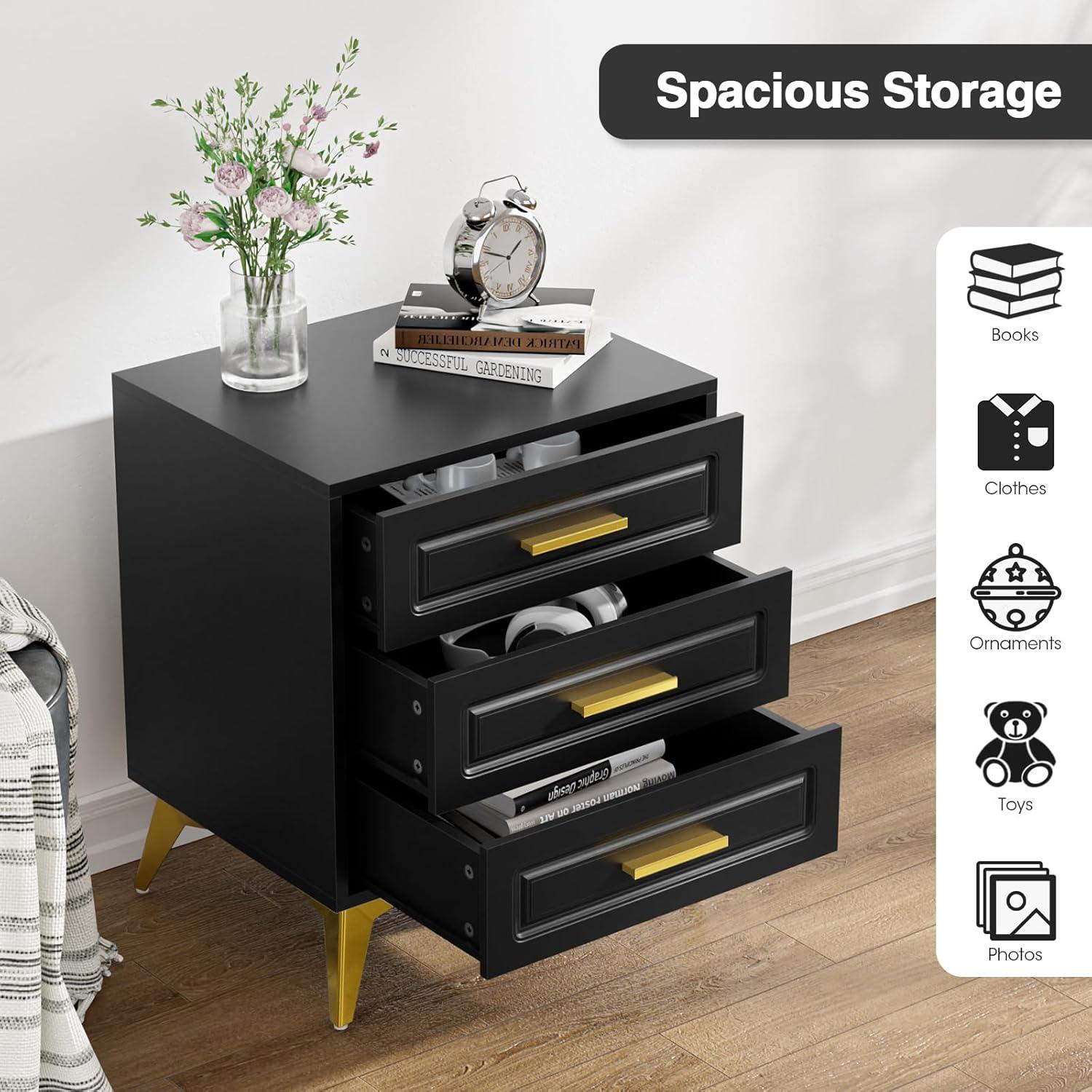 Black and Gold 3-Drawer Modern Nightstand with Metal Legs