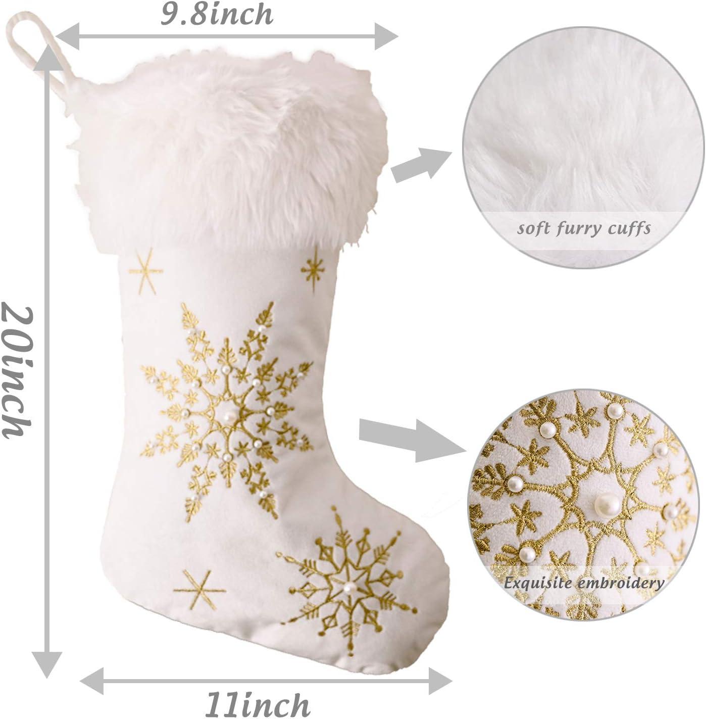 White Christmas Stockings 1 Pack, Family Stockings Christmas 19.7” Large Christmas Stockings with Plush Faux Fur Cuff (Silver/Gold Snowflake Embroidery) Giant Xmas Stockings Hanging Stockings