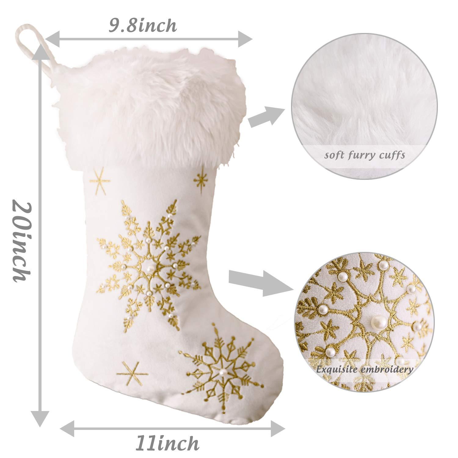 White Christmas Stockings 1 Pack, Family Stockings Christmas 19.7” Large Christmas Stockings with Plush Faux Fur Cuff (Silver/Gold Snowflake Embroidery) Giant Xmas Stockings Hanging Stockings