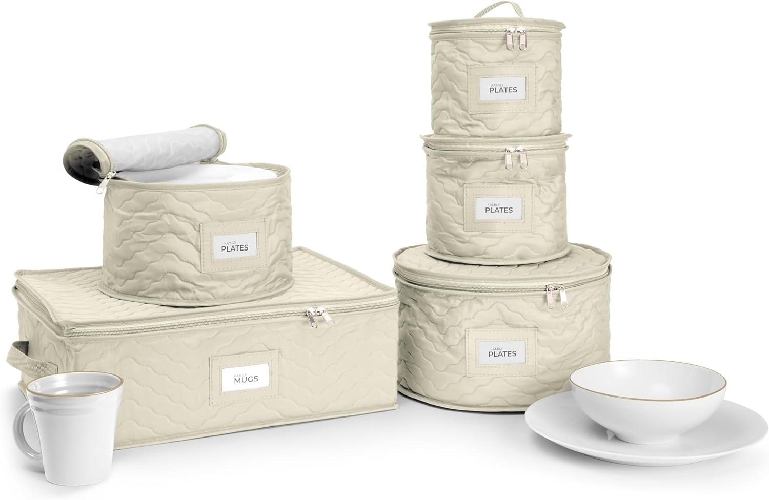 Sorbus White Quilted 5-Piece Dinnerware Storage Set with Felt Protectors