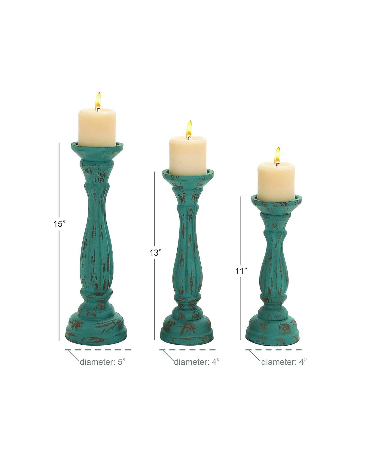 DecMode 3 Candle Blue Wooden Distressed Turned Pillar Candle Holder, Set of 3