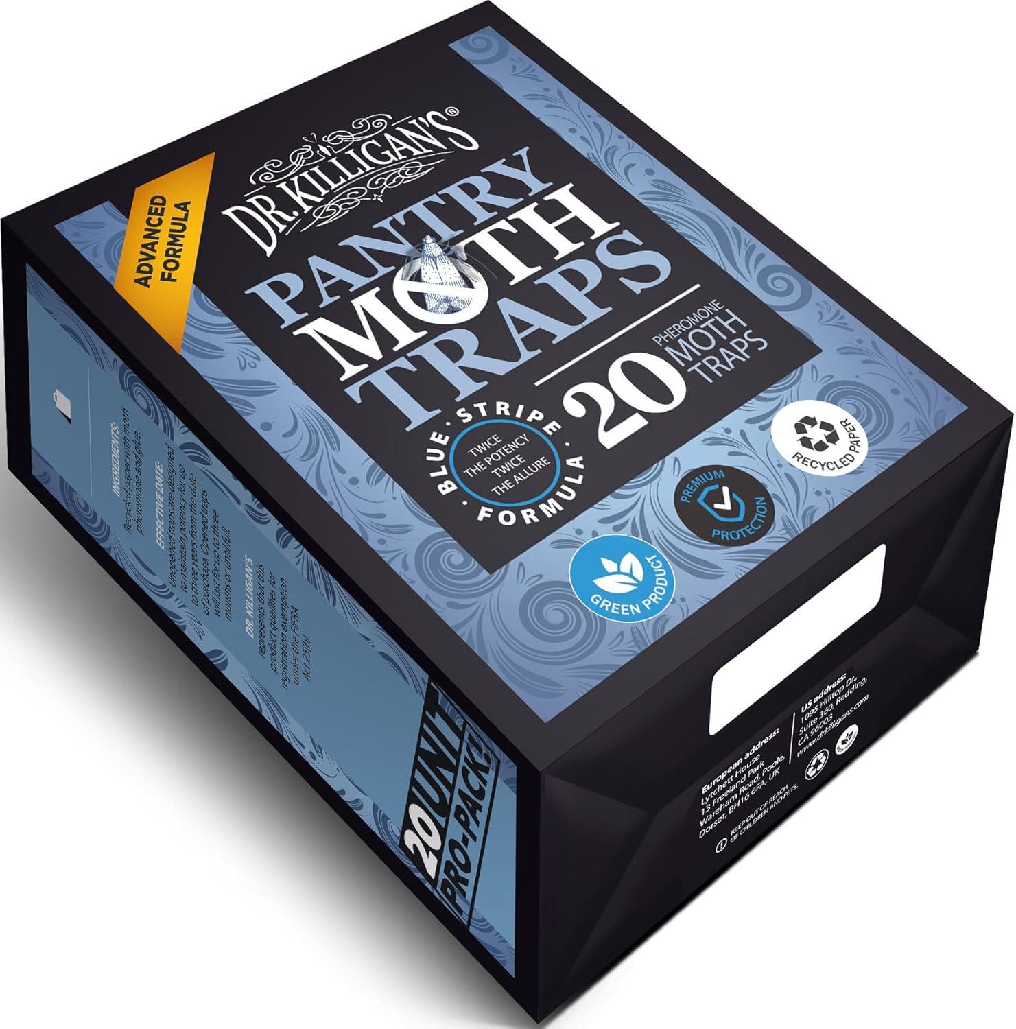 Dr. Killigan's Premium Pantry Moth Traps with Pheromones Prime | Safe, Non-Toxic with No Insecticides | Sticky Glue Trap for Food and Cupboard Moths in Your Kitchen | Organic (20, Blue)