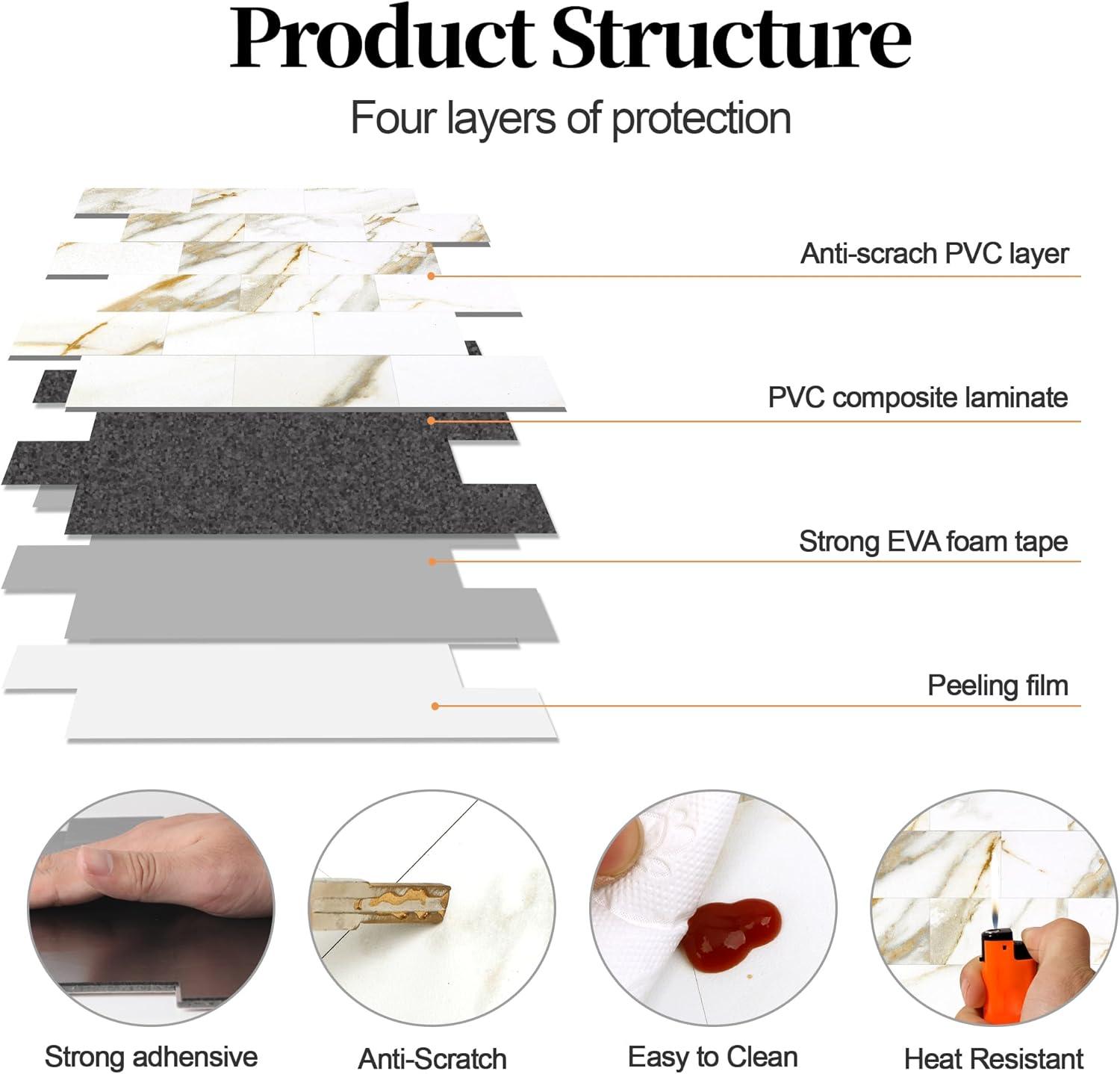 10-Pack Peel and Stick Tile Backsplash 12"X12" PVC Wall Tiles, Stick on Backsplash for Kitchen, Bathroom Tile, Fireplace Décor, Laundry Table, Stair Decals in Cala Golden