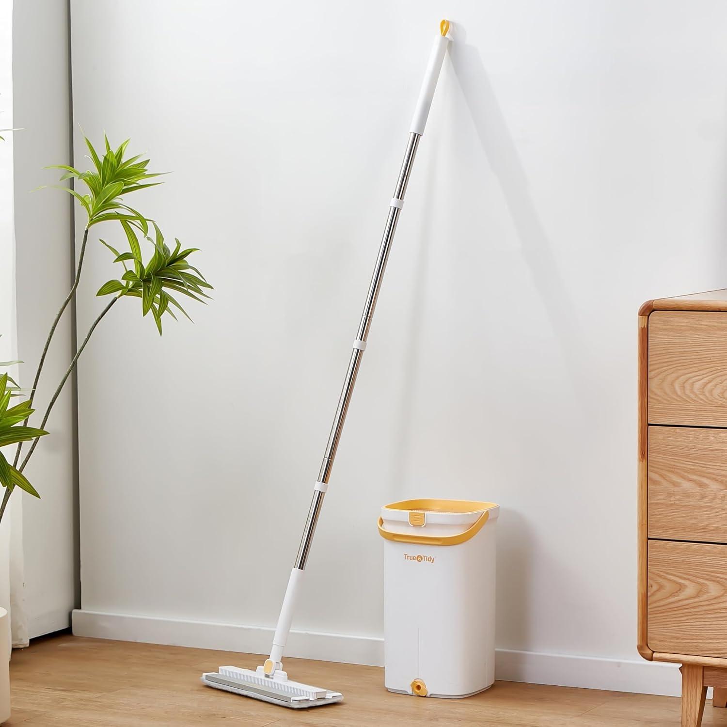 True & Tidy® TrueClean Mop & Bucket Spin Mop Pump System, Patent Pending 3 Compartments Separate Clean & Dirty Water, Hands-Free Self-Wringing Aluminum Head, Machine Washable Pads, in Gift Box