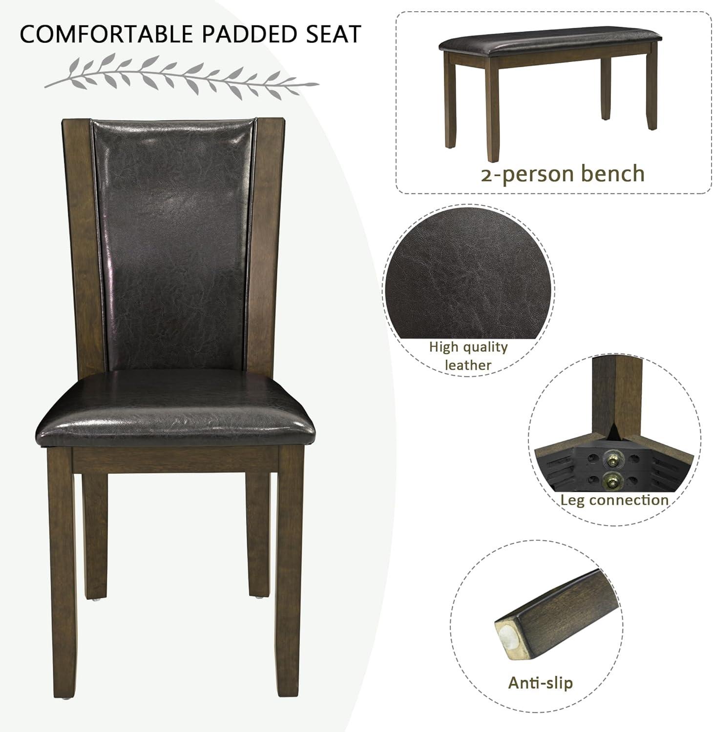 6-Piece Dining Table Set with Bench and Chairs - Solid Wood Kitchen Dining Room Table Set in Farmhouse Rustic Style, Table Set for 6 with 4 Chairs and Bench Seat. (Dark Walnut)