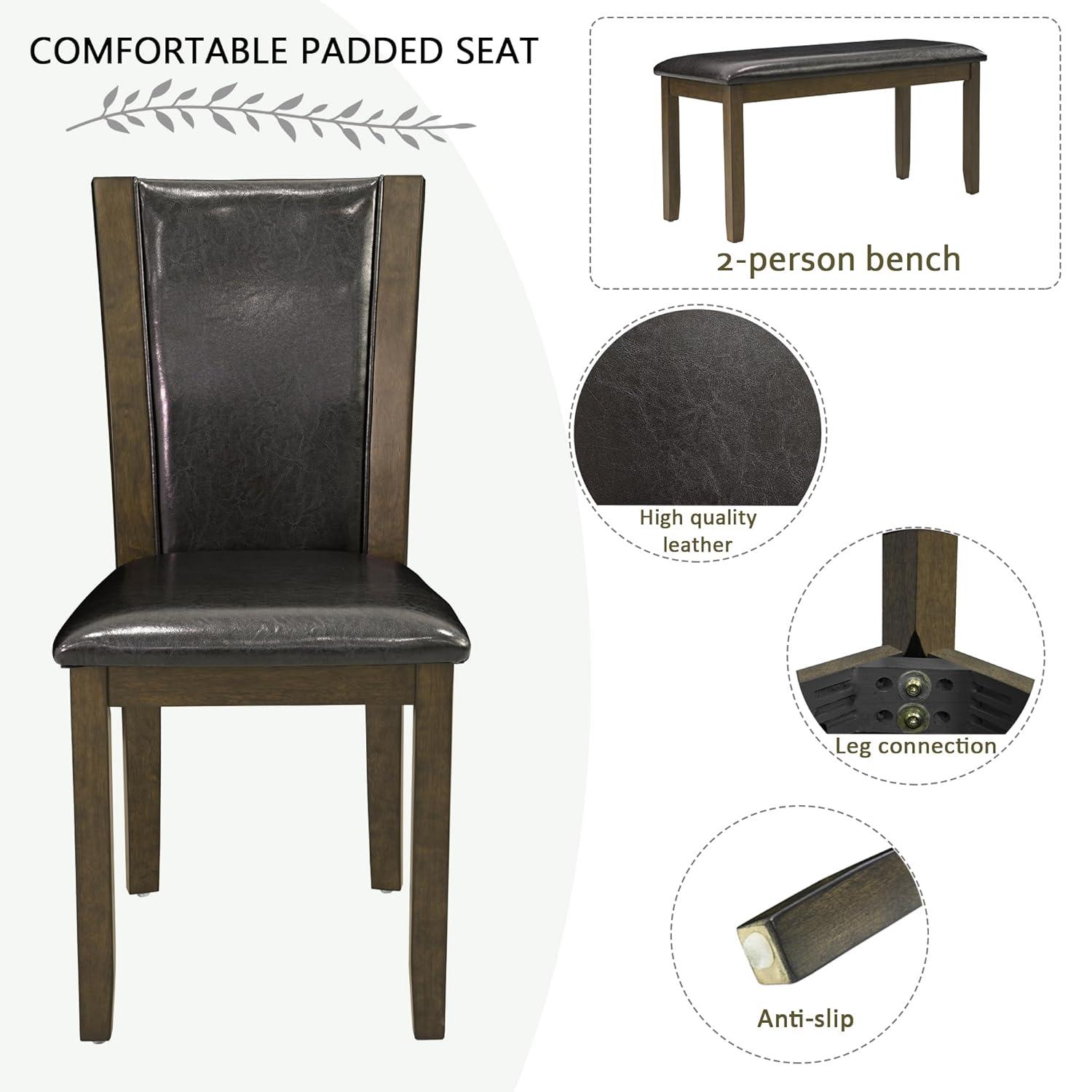 6-Piece Dining Table Set with Bench and Chairs - Solid Wood Kitchen Dining Room Table Set in Farmhouse Rustic Style, Table Set for 6 with 4 Chairs and Bench Seat. (Dark Walnut)