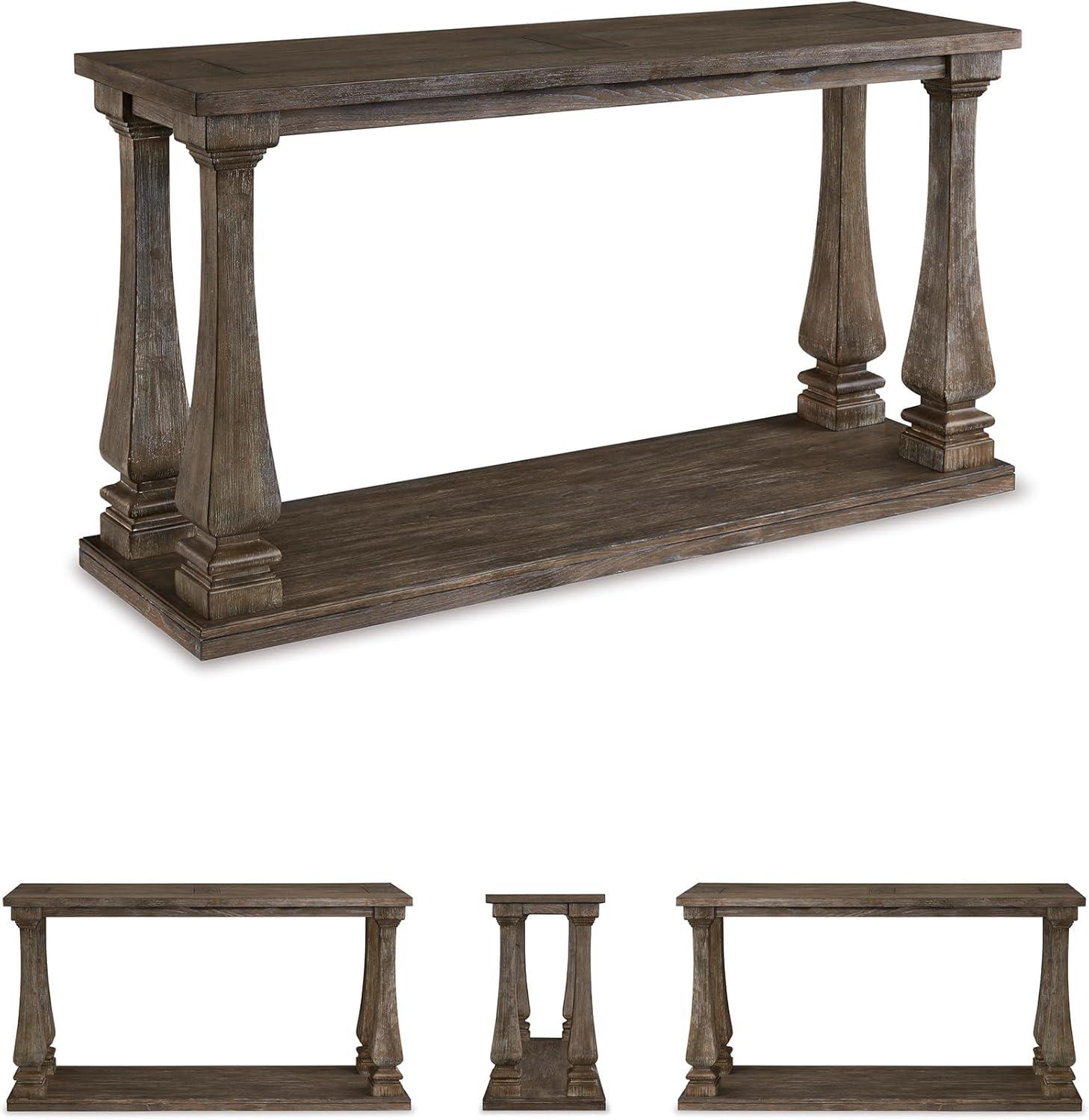 Johnelle Sofa Table Gray: Distressed Elm Veneer, Square Baluster Legs - Signature Design by Ashley