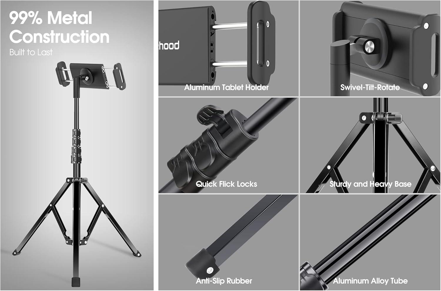 elitehood Aluminum iPad Stand Tripod, 65'' Adjustable Tablet Tripod Holder, 360 Degree Rotating iPad Holder Stand for Floor, Compatible with 4.7-13" Tablets and Phones– Black