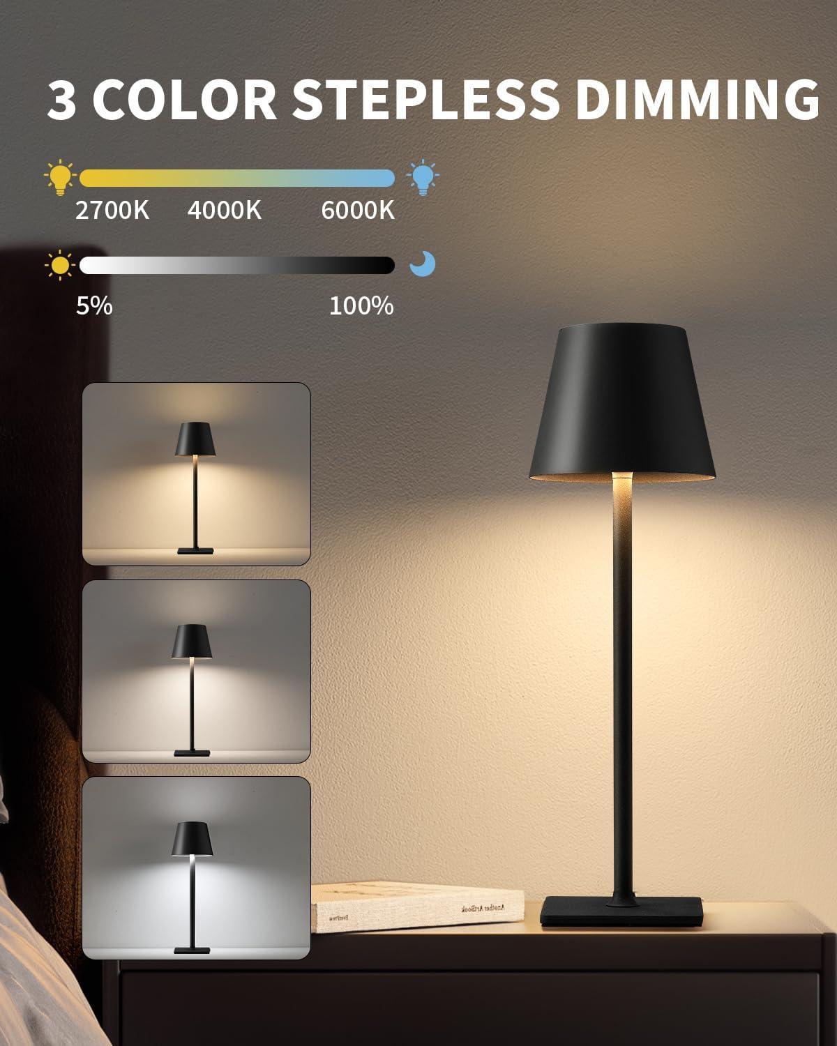 KDG 2 Pack Cordless Table Lamp,Portable LED Desk Lamp, 5000mAh Battery Operated, 3 Color Stepless Dimming Up, for Restaurant/Bedroom/Bars/Outdoor Party/Camping/Coffee Shop Night Light(Black)