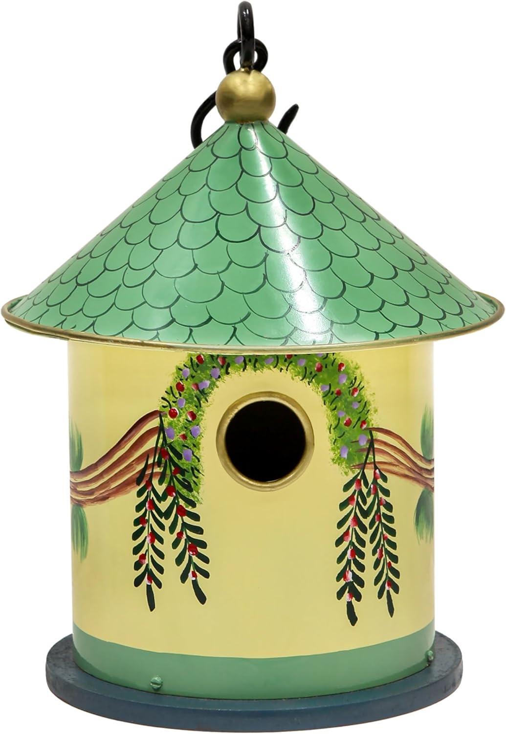 Yellow Hand-Painted Iron and Wood Cottage Birdhouse