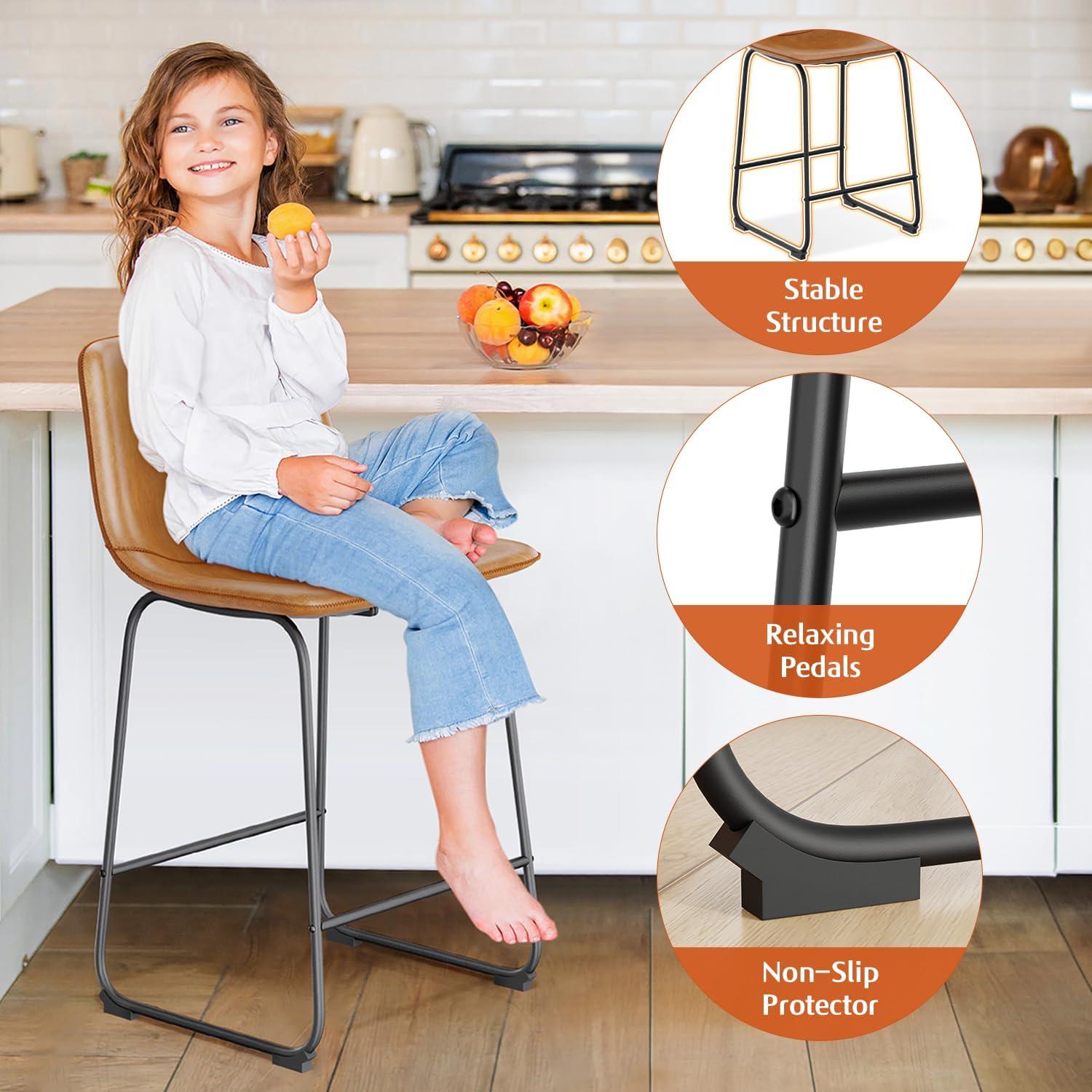 WM 26 inch Counter Height Bar Stools Set of 4, Modern Faux Leather High Barstools with Back and Metal Leg, Bar Chairs for Indoor & Outdoor, Brown