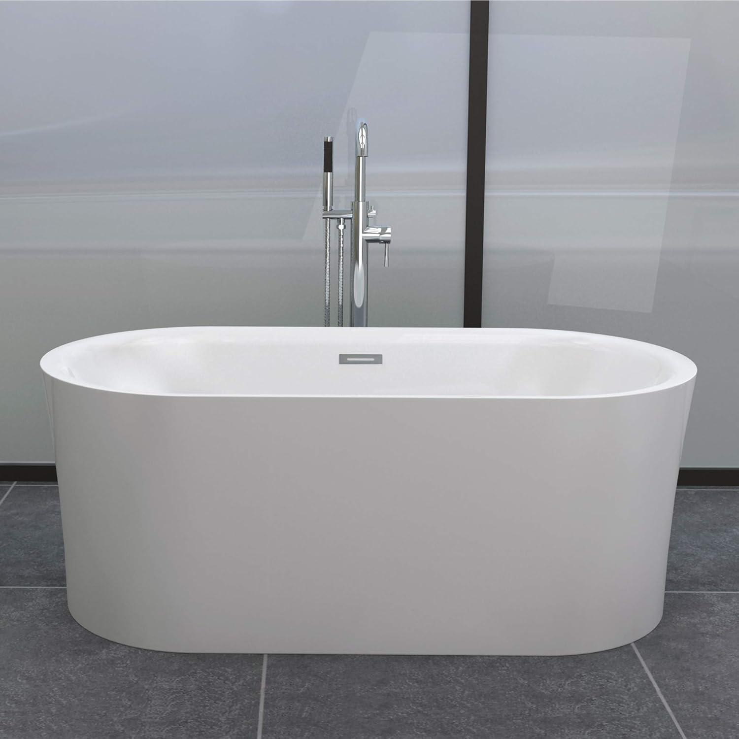 59'' White Acrylic Freestanding Soaking Bathtub with Brushed Nickel Overflow