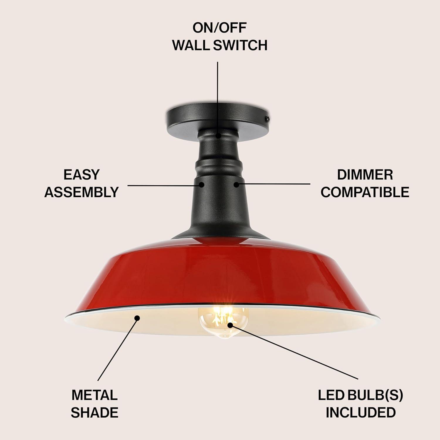 Camila 14" 1-Light Classic Industrial Indoor/Outdoor Iron LED Semi Flush Mount, Red/White