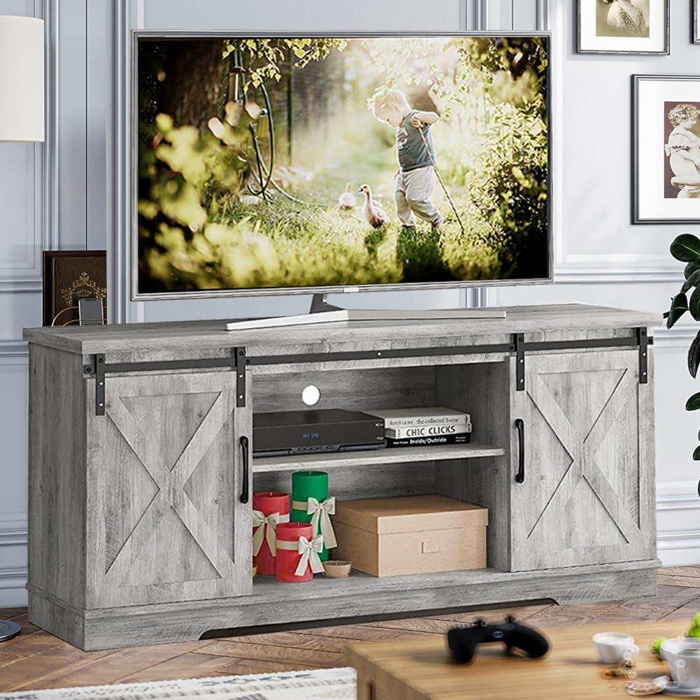 Rustic Grey Farmhouse Barn Door TV Stand for 65 Inch TV