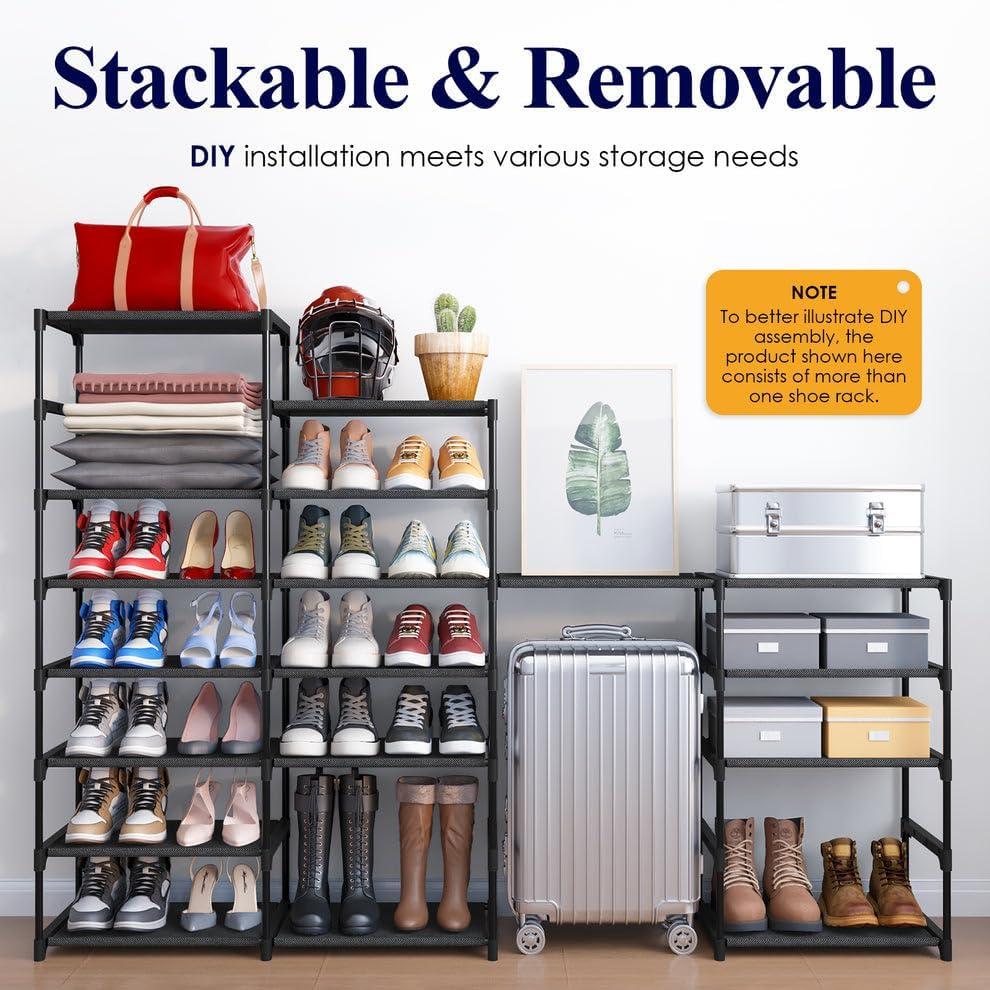 Black 8-Tier Stackable Metal and Fabric Shoe Rack