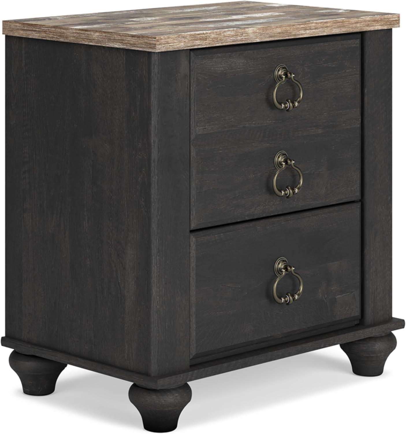 Beige and Black 2-Drawer Nightstand with USB Ports