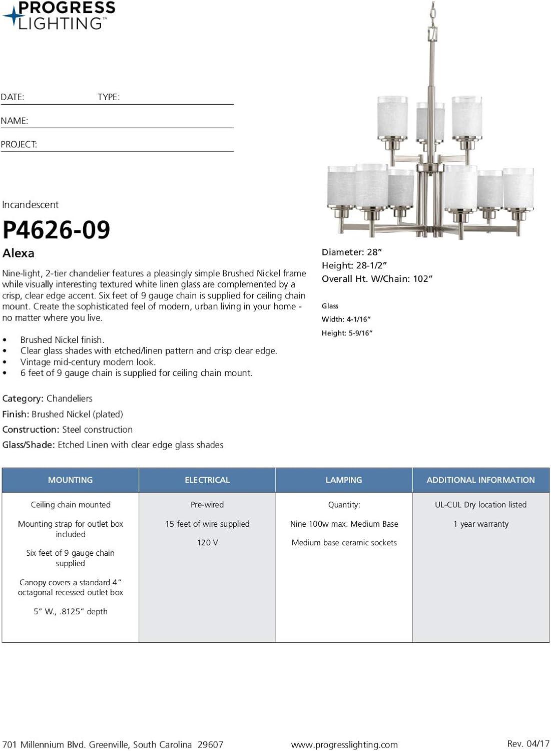 Progress Lighting Alexa 9-Light 2-Tier Chandelier, Brushed Nickel, Textured White Linen Glass