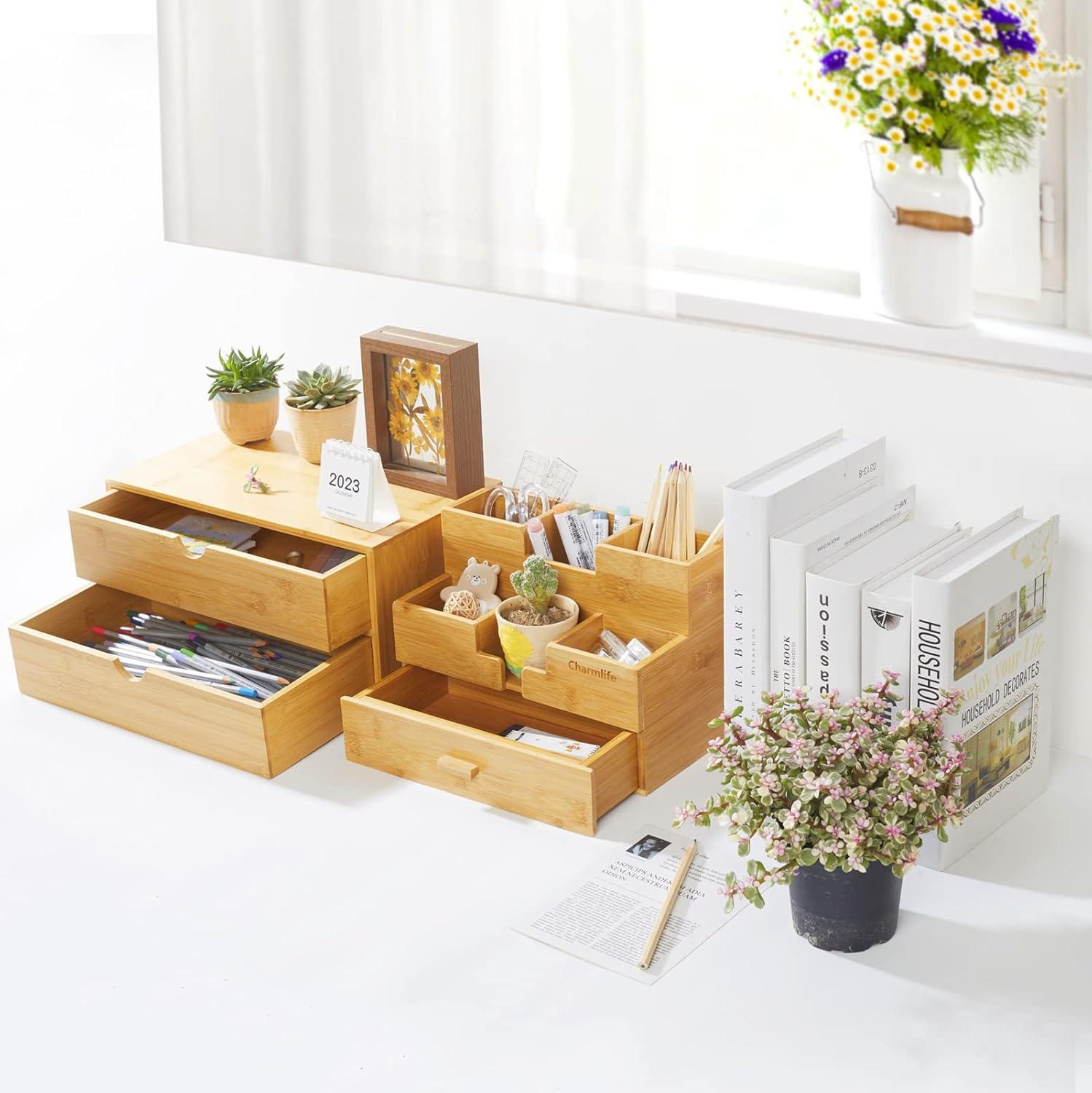 Natural Bamboo 2-Drawer Desk Organizer for Home and Office