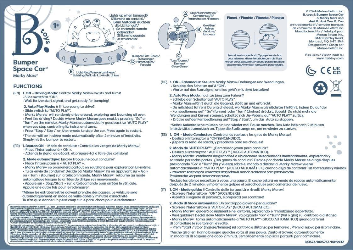 B. toys – Vehicle Bumper Space Car – Light – Up – Simple Remote Control Car for Toddlers with Alien Driver – Marky Mars – 12+ Months
