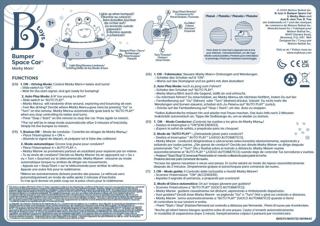 B. toys – Vehicle Bumper Space Car – Light – Up – Simple Remote Control Car for Toddlers with Alien Driver – Marky Mars – 12+ Months