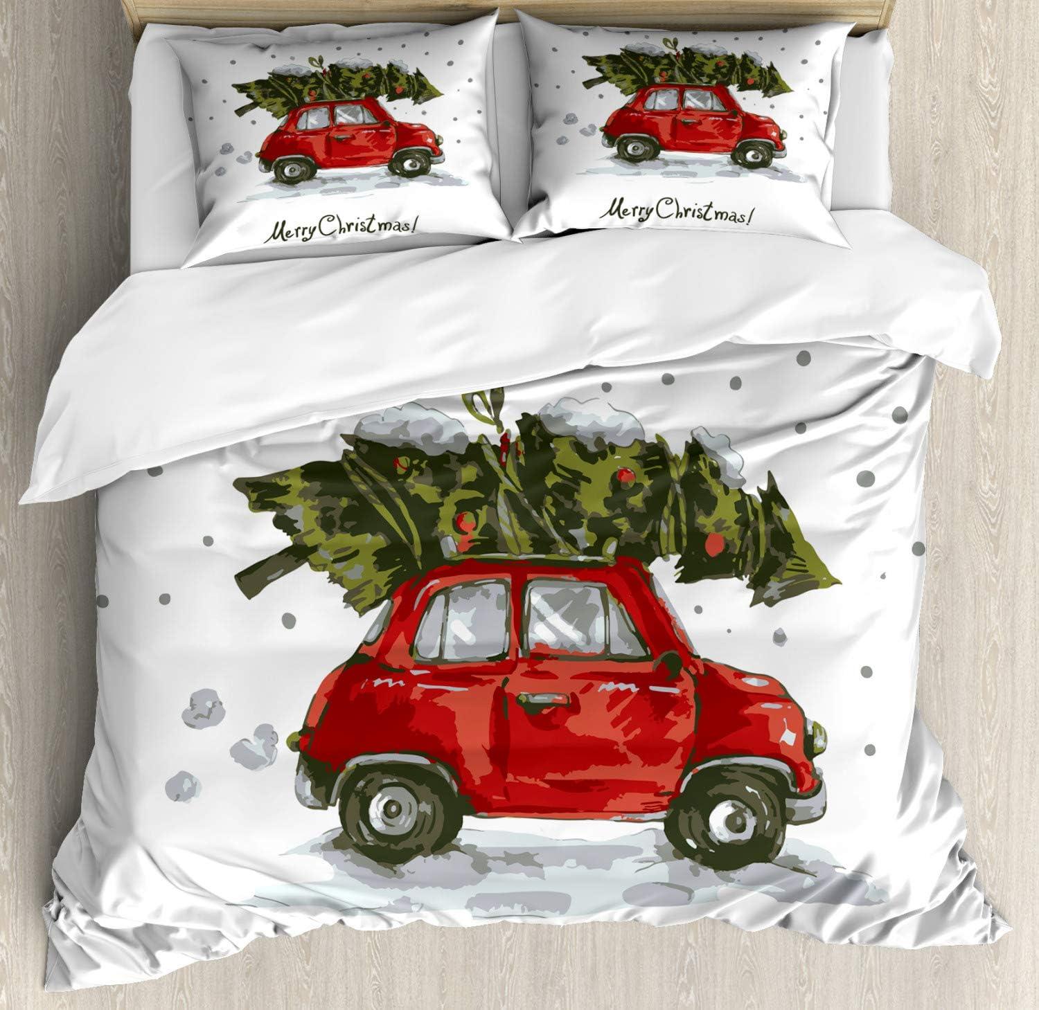 Christmas Red Car and Tree Microfiber Duvet Cover Set