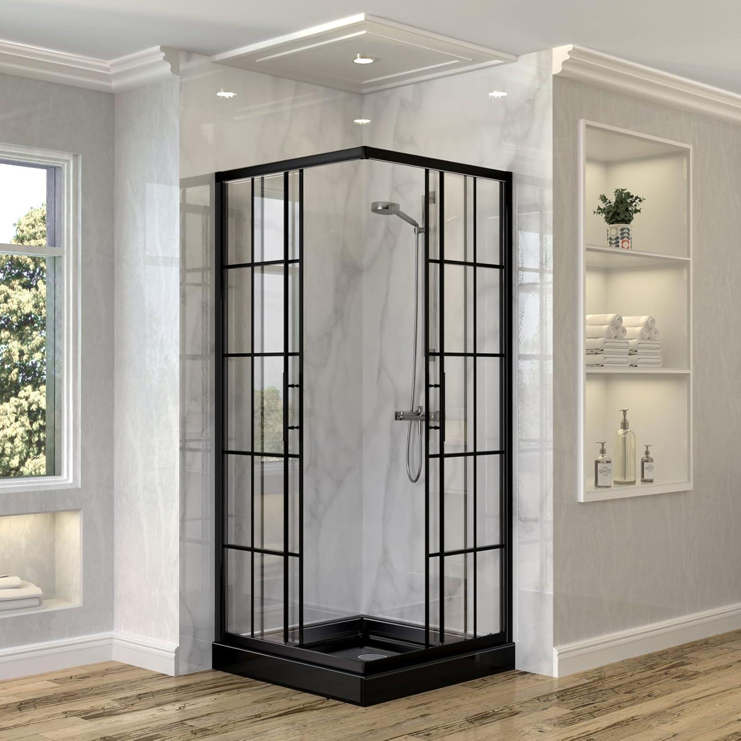Matte Black Frameless Corner Shower Enclosure with Clear Glass
