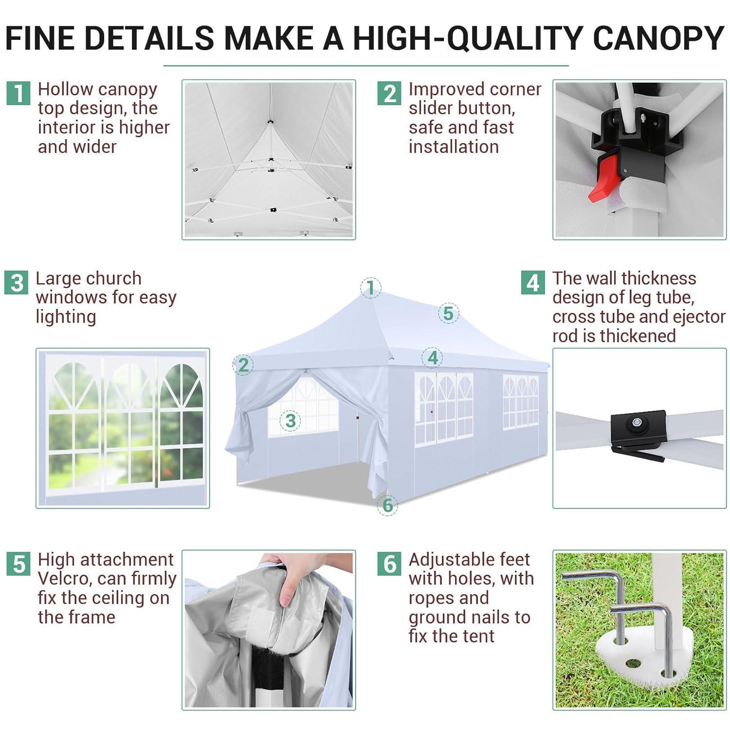 COBIZI 10x20 Pop Up Canopy with 6 Sidewalls,Waterproof Instant Party Tents for Weddings & Parties, Easy Up Commercial Canopy Tent,UPF 50+ UV Protection, 3-Height Adjustable Frame & 4 Sandbags White