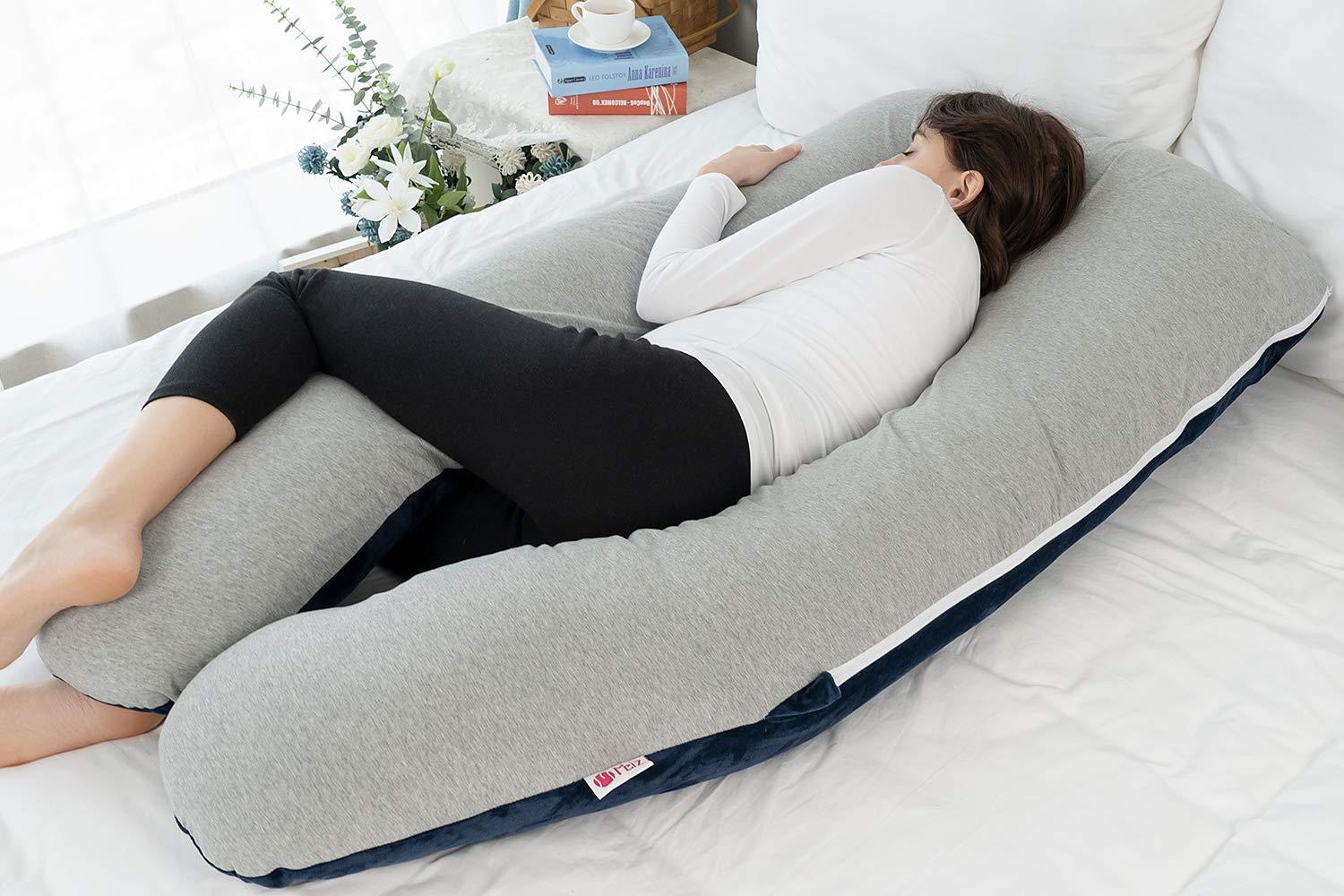 Meiz Pregnancy Pillow, Cooling Pregnancy Pillows for Sleeping, Full Body Pregnancy Pillow with Reversible Cooling Jersey Cover & Velvet Cover, Blue & Grey