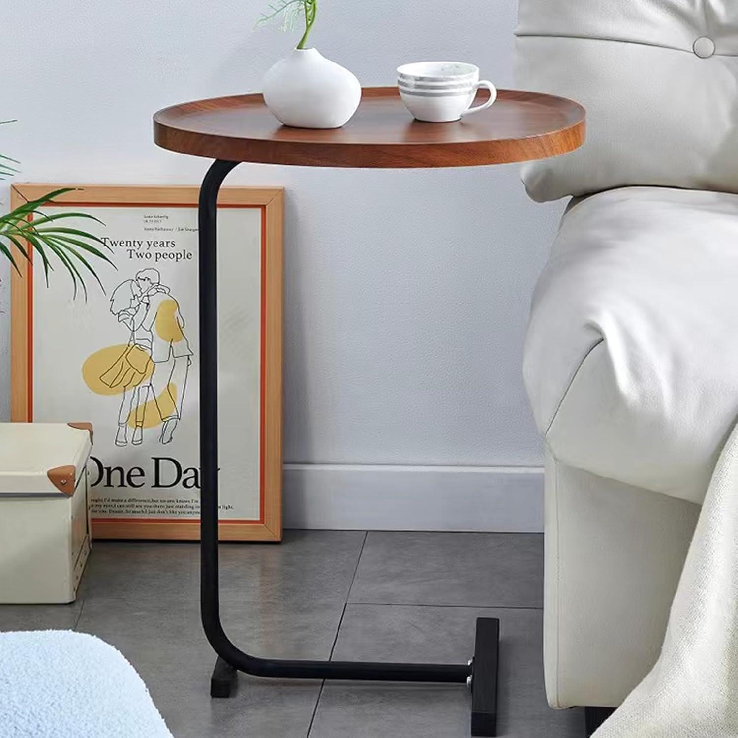 Brown Oval Top C-Shaped Side Table Set with Black Metal Frame