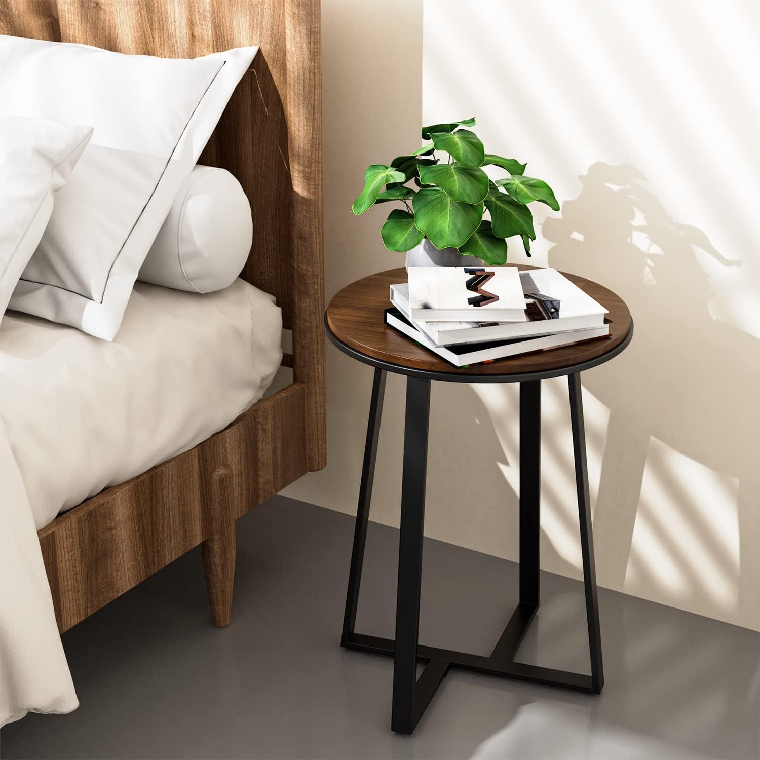 Round Small End Table Walnut Color MDF Top,Metal Frame Black, Tall End Table for Bed Room,Coffee Tea End Table for Living Room(Walnut+Black)