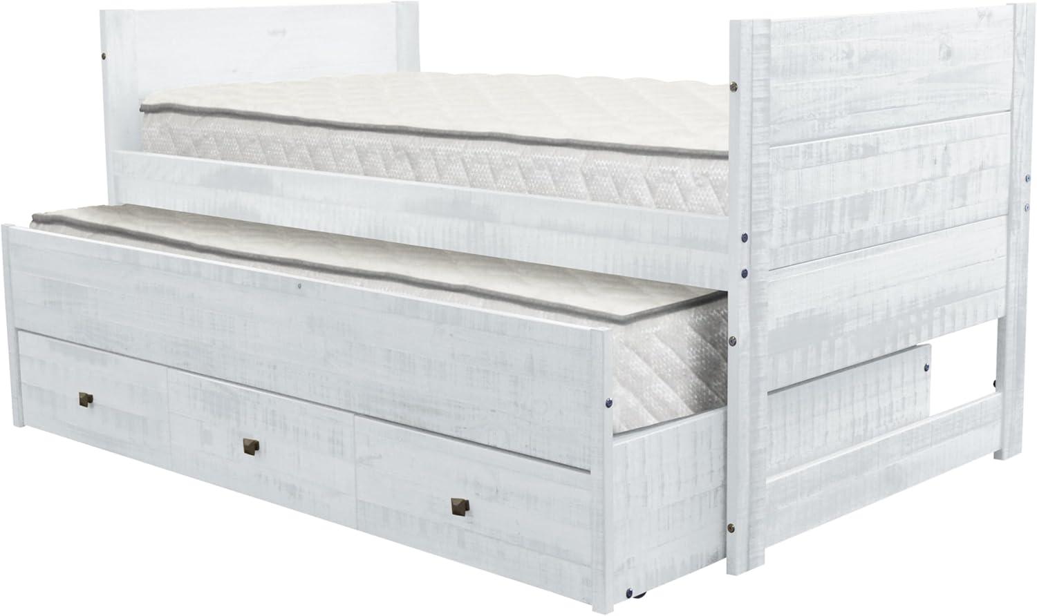 Rustic White Twin Wood Frame Bed with Trundle and Storage Drawers