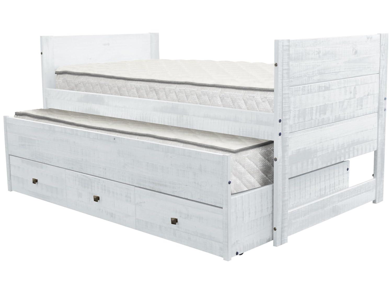 Bedz King Twin Captains Bed with Trundle and 3 Built in Drawers, Rustic White
